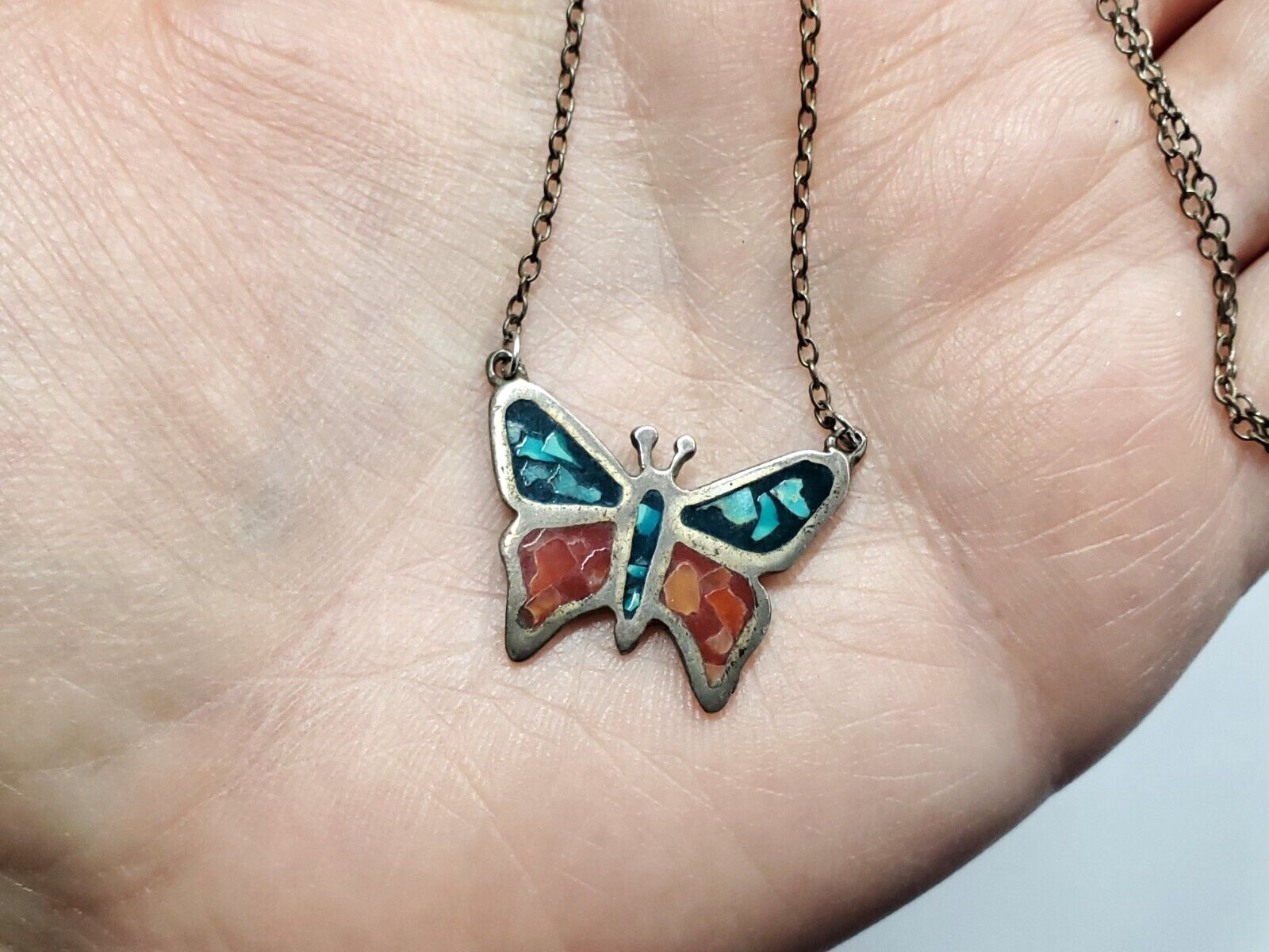 Vintage Butterfly Silver Turquoise Coral Chip Inlay Enamel Pendant Necklace