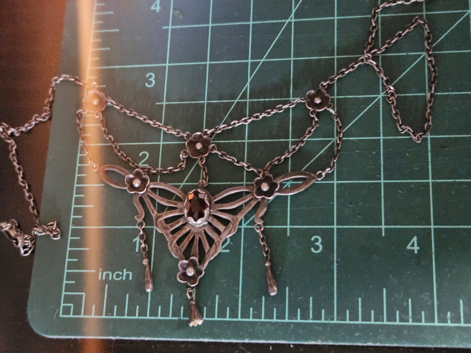 Vintage Victorian Revival Festoon Sterling Red Garnet Flower Necklace As Is