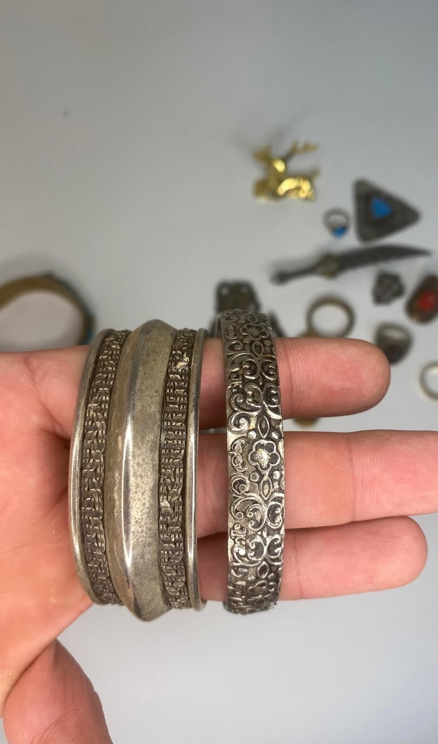 Vintage Jewelry & Curios Lot Bracelets Rings Keys Dagger Deer Figurine