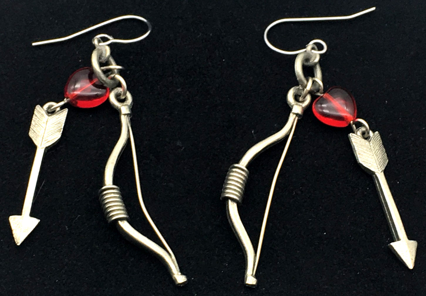 CLIFT Signed Pewter Bow & Arrow Red Lucite Heart Dangling Fish Hook Earrings
