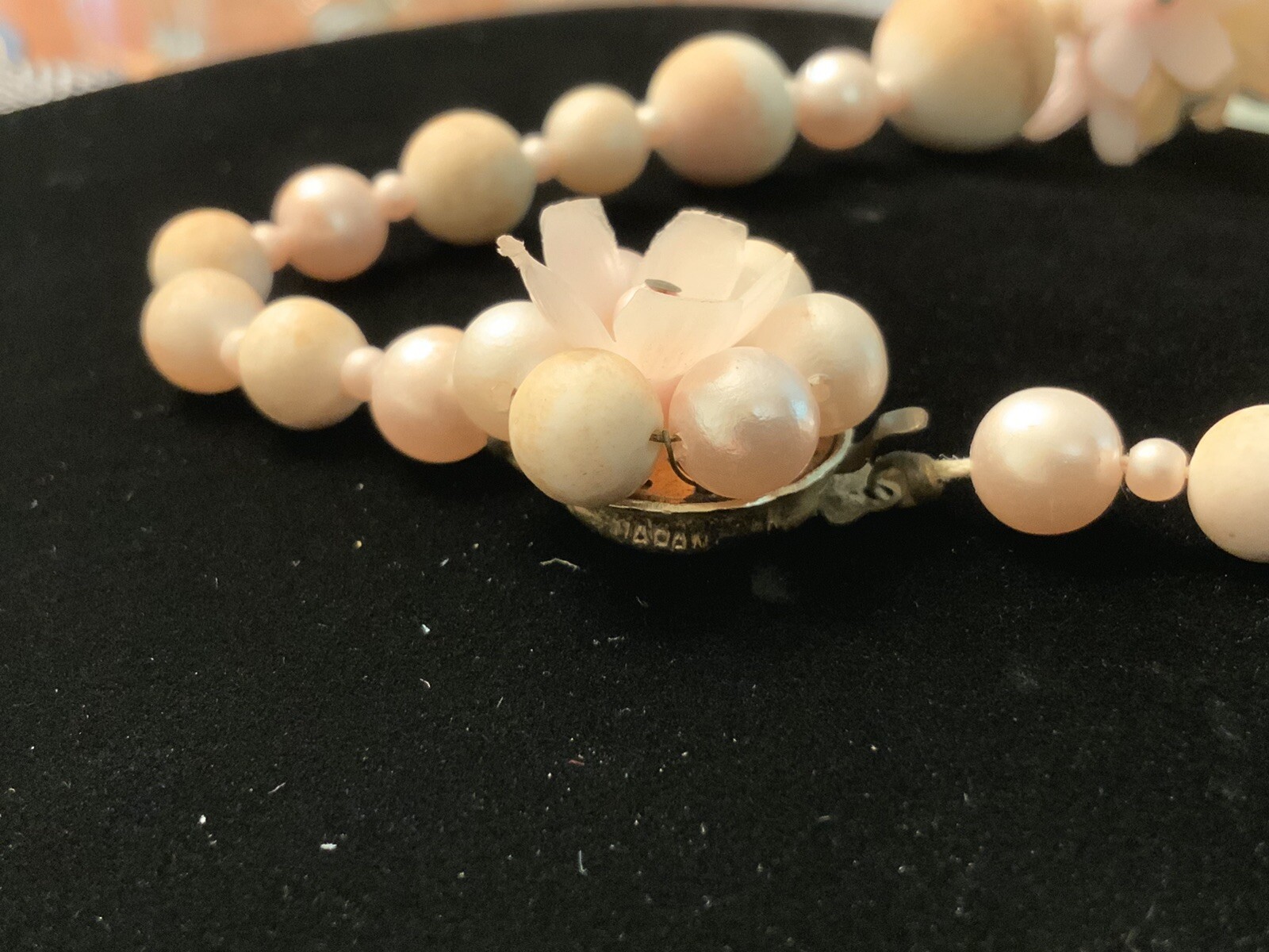 Vtg. 1950s-60s 18” Necklace, Pink Floral Design, Early Plastics, Post War Japan