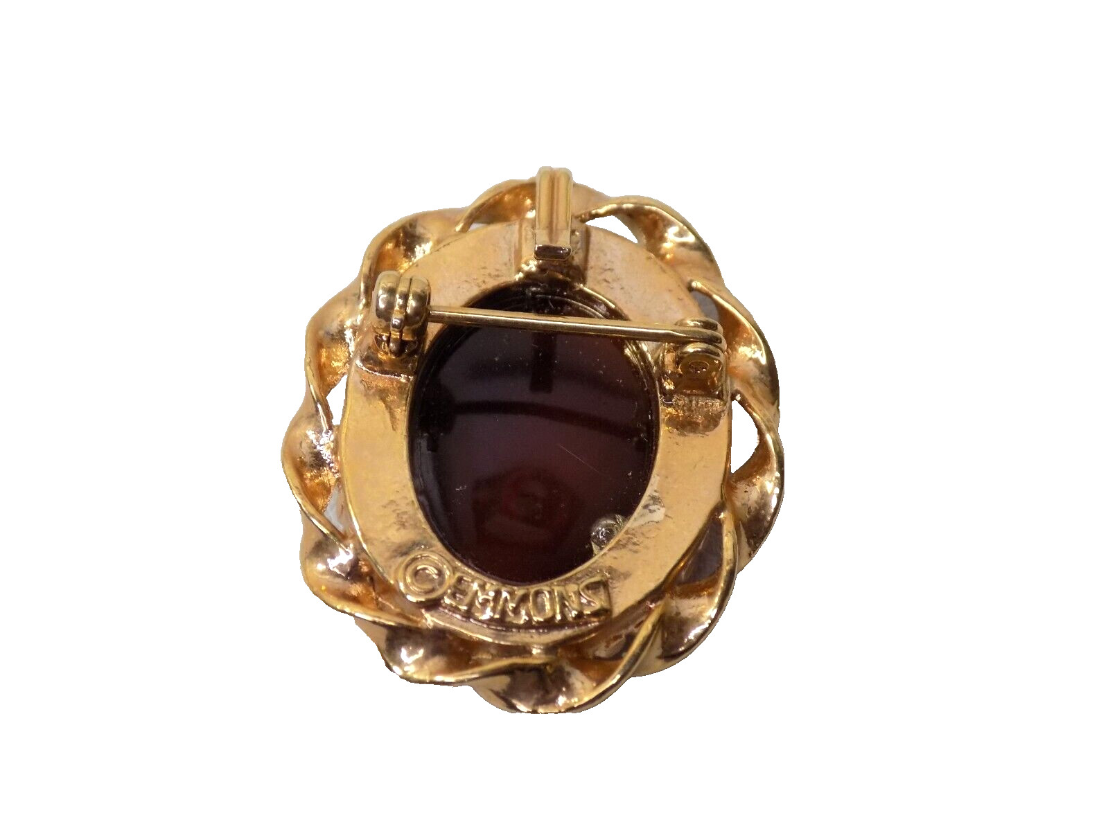 Vintage Emmons Cameo Brooch Gold-tone Brown White Victorian Lady 1-3/8″ Long