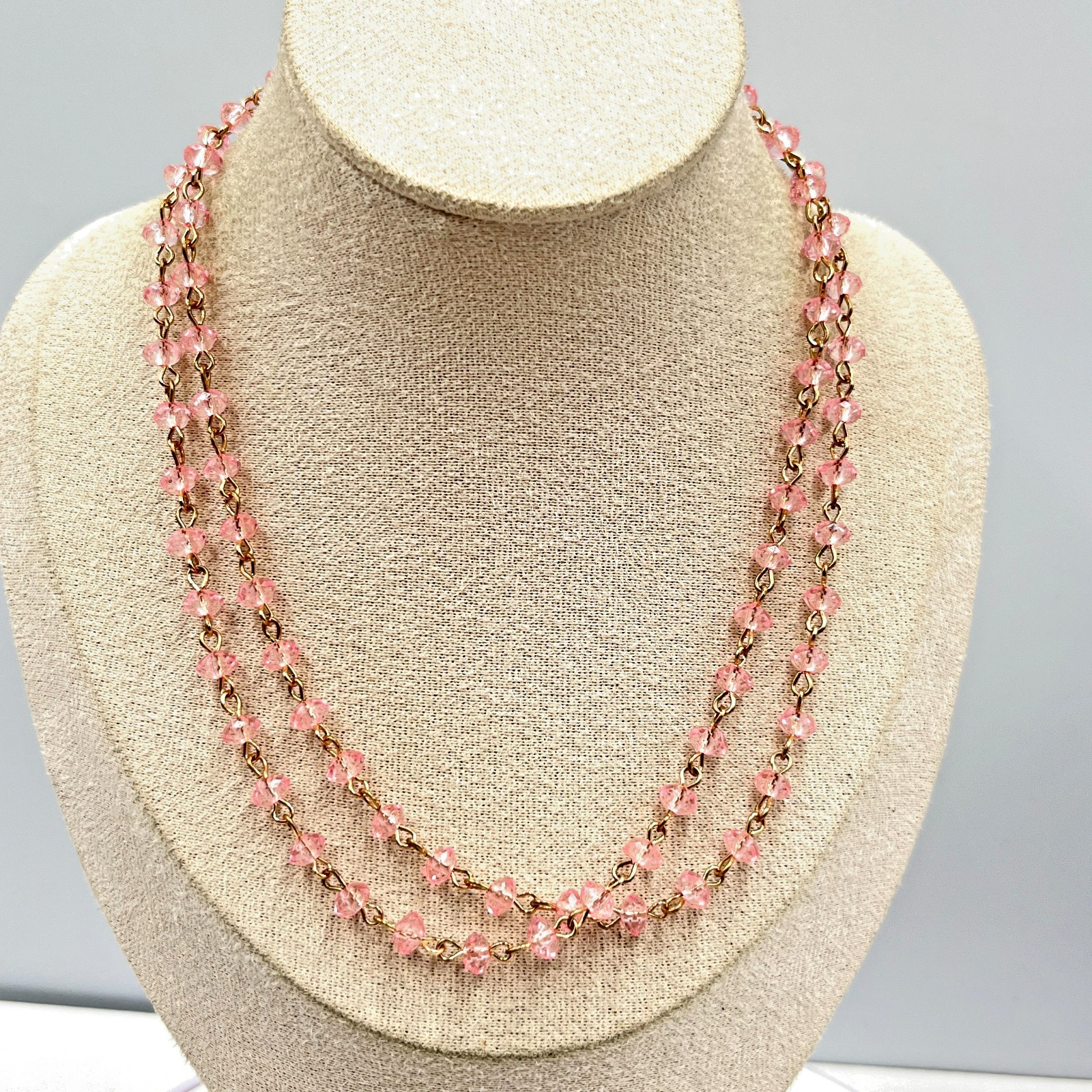 Vintage Y2K Pink Faceted Crystal Beaded Rosary Style Chain Necklace Gold Tone