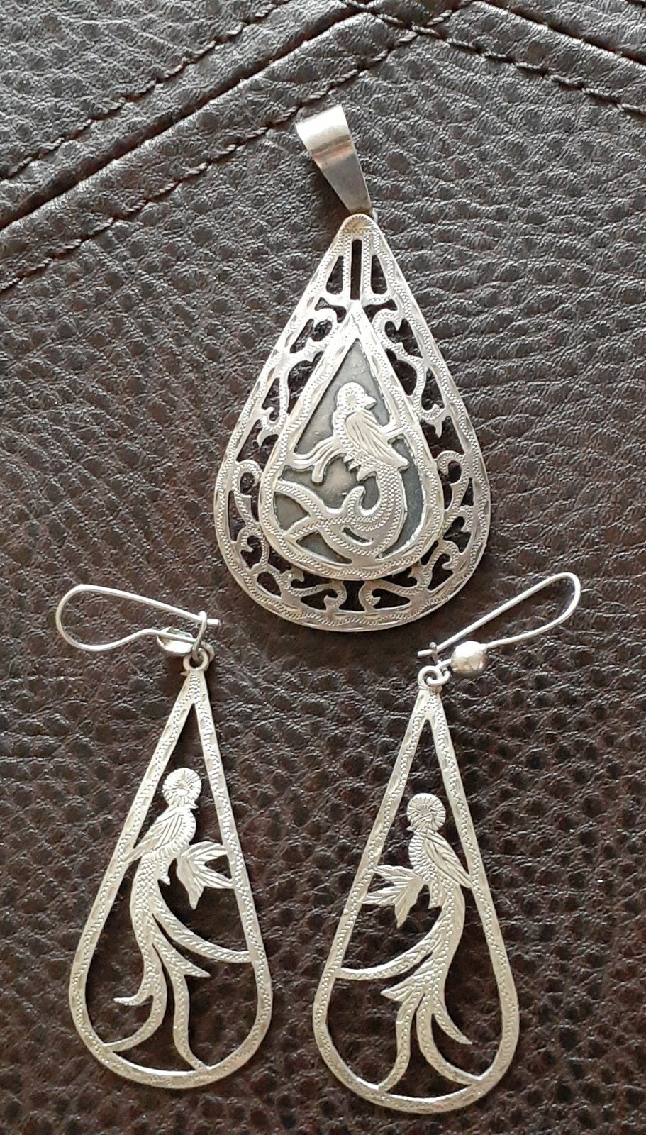 Vintage Guatemala 900 Silver Bird Of Paradise Pendant Earrings Set