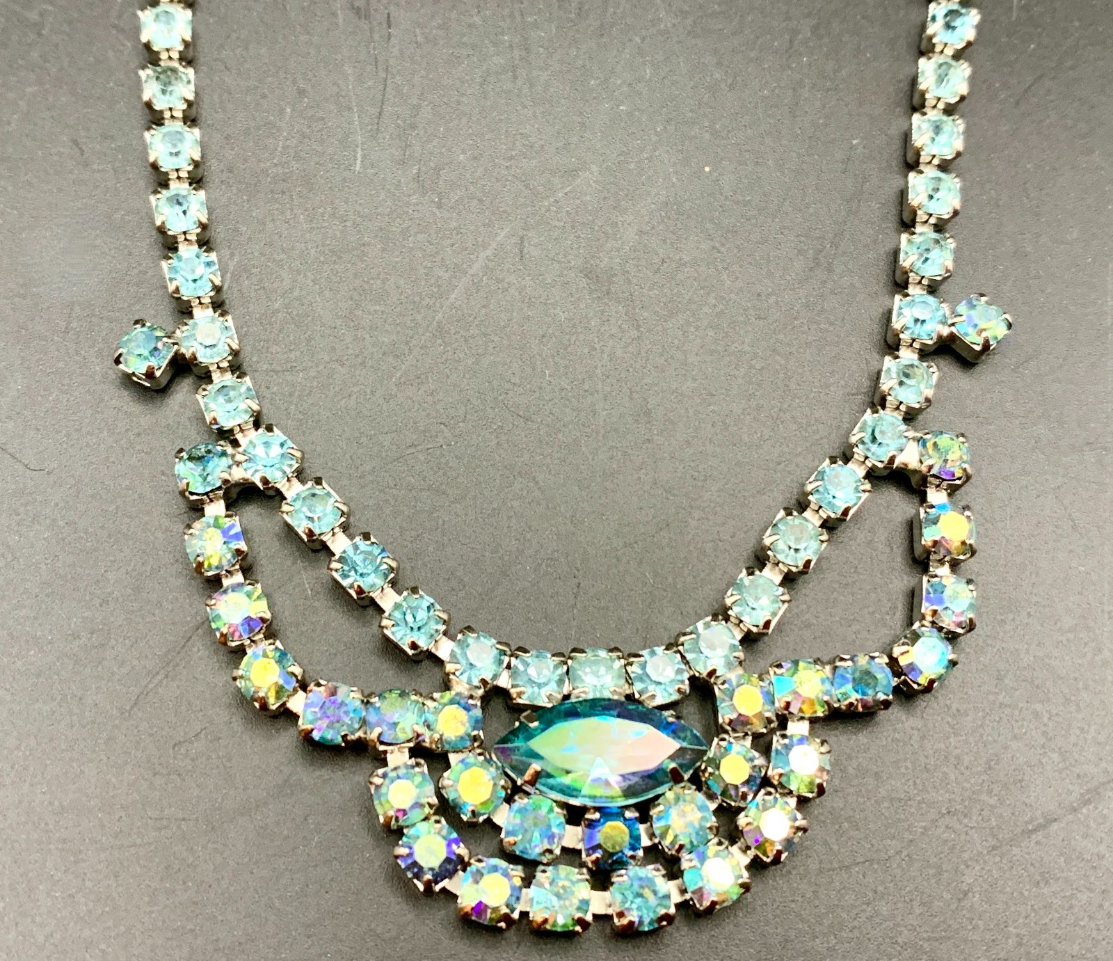 Sky Blue AB Aurora Borealis Rhinestone Festoon Necklace Prong Set Vintage 1950s