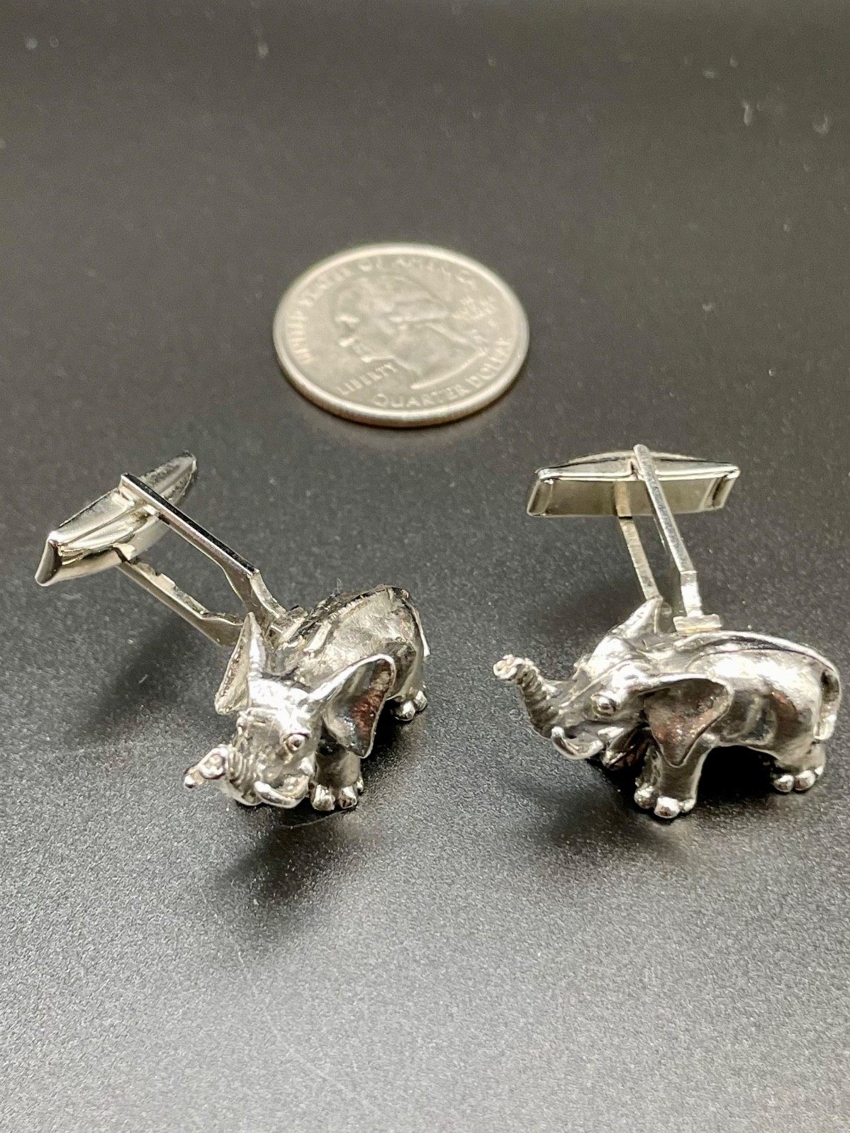 Vintage 3D Elephant Silver Tone Detailed Trunk Up Good Luck Mascot Cufflinks