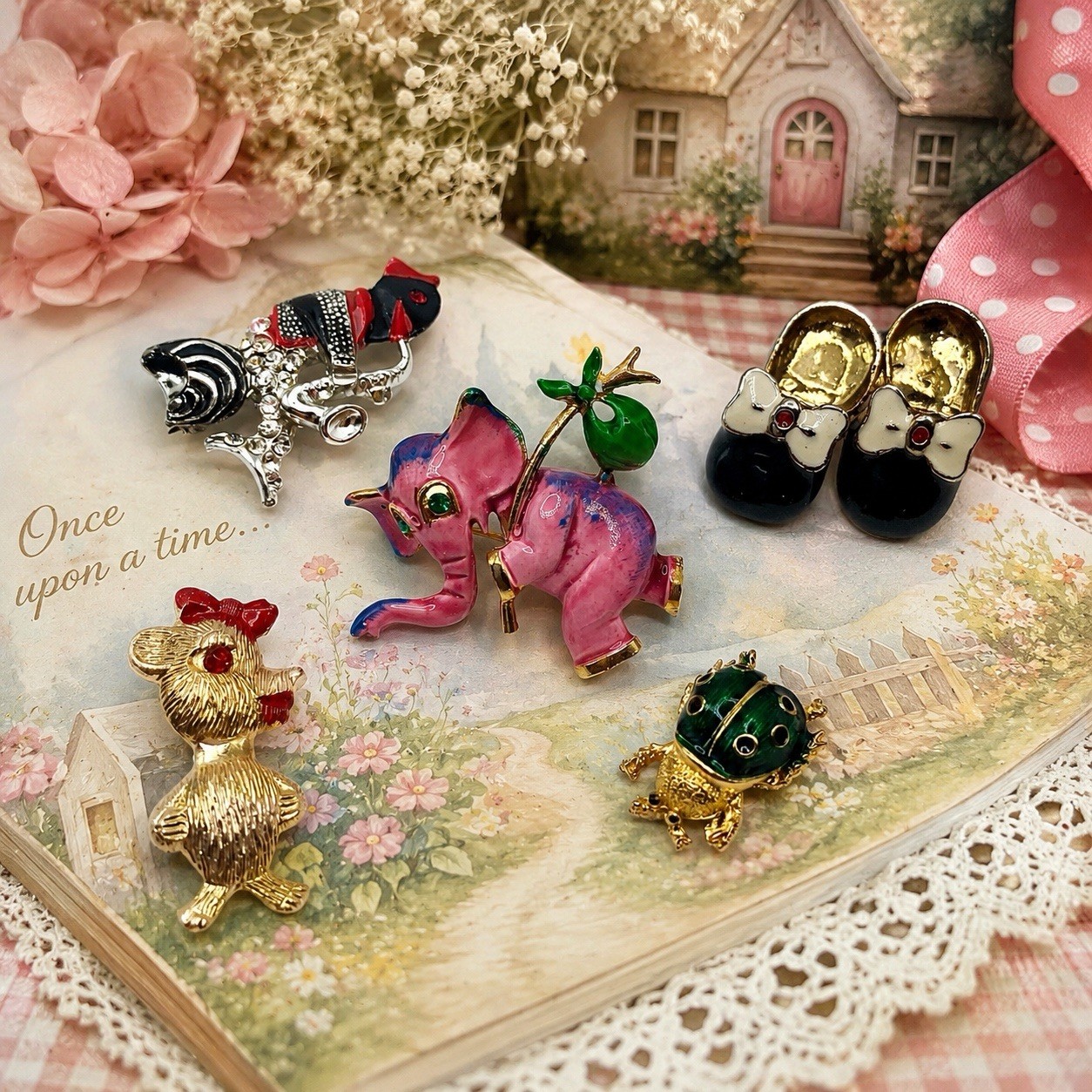 Vintage Kawaii Brooch Pin Lot LG Elephant Bear Ladybug Fish Shoes Hong Kong