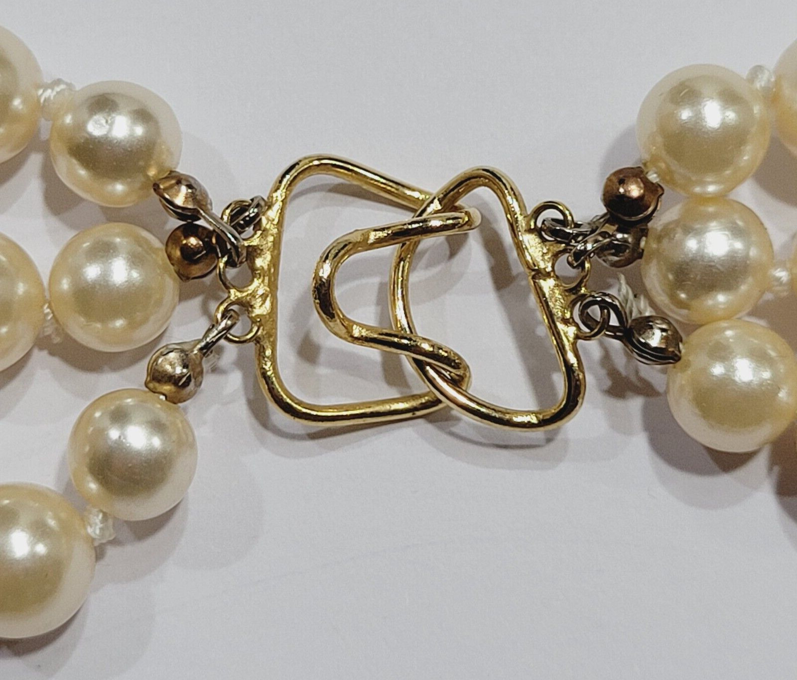 Triple Strand Off White Faux Pearl Knotted Necklace with Gold Tone Clasp 15 Inch