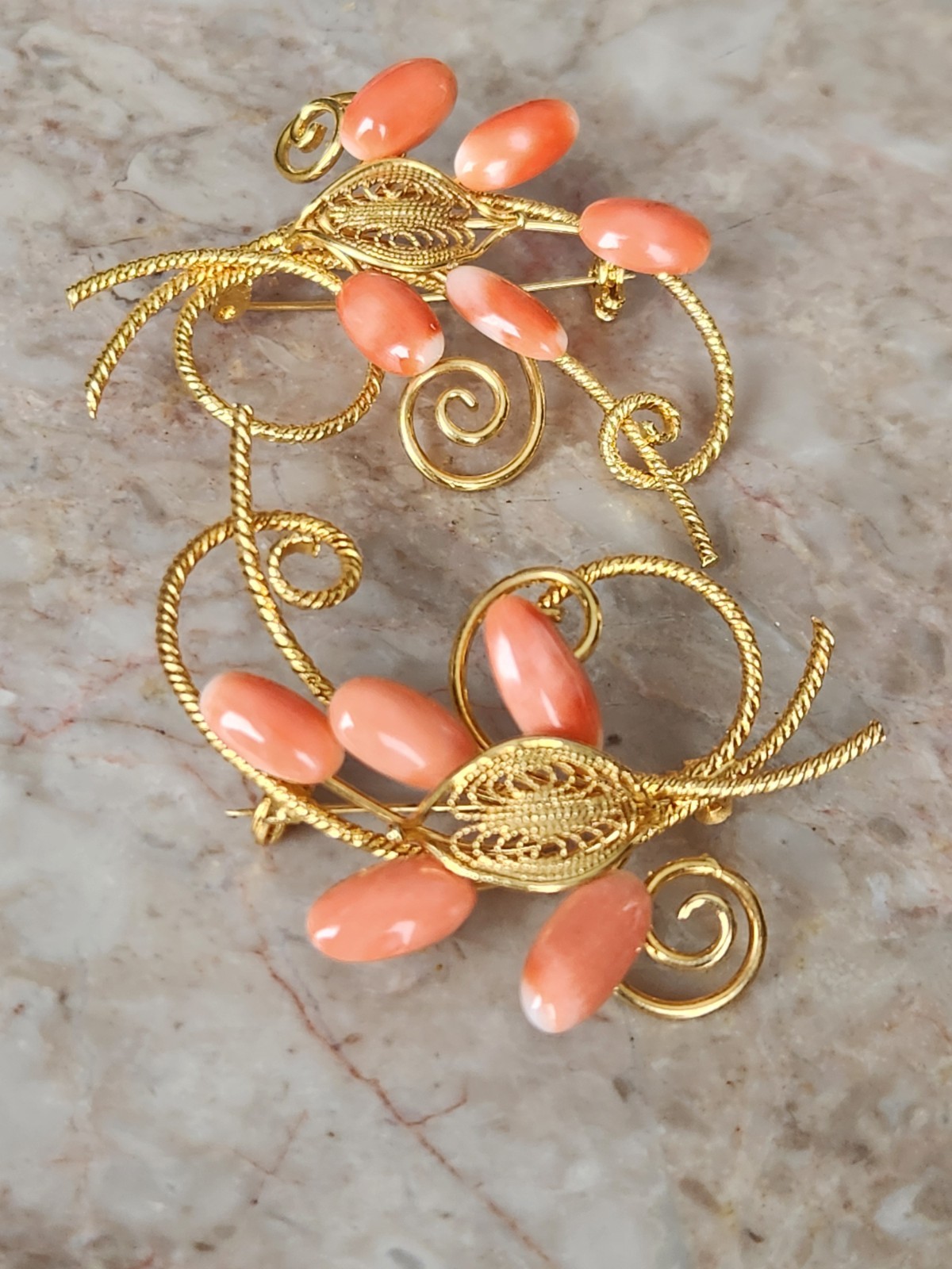 Vintage Angel Skin Coral Oblong Stones Goldtone Cannetille Flower Spray Brooches