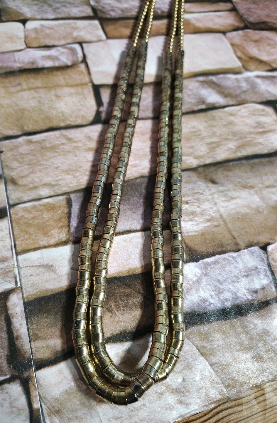 Vintage Retro Long Gold Tone Metal Beaded Statement Costume Flapper Necklace