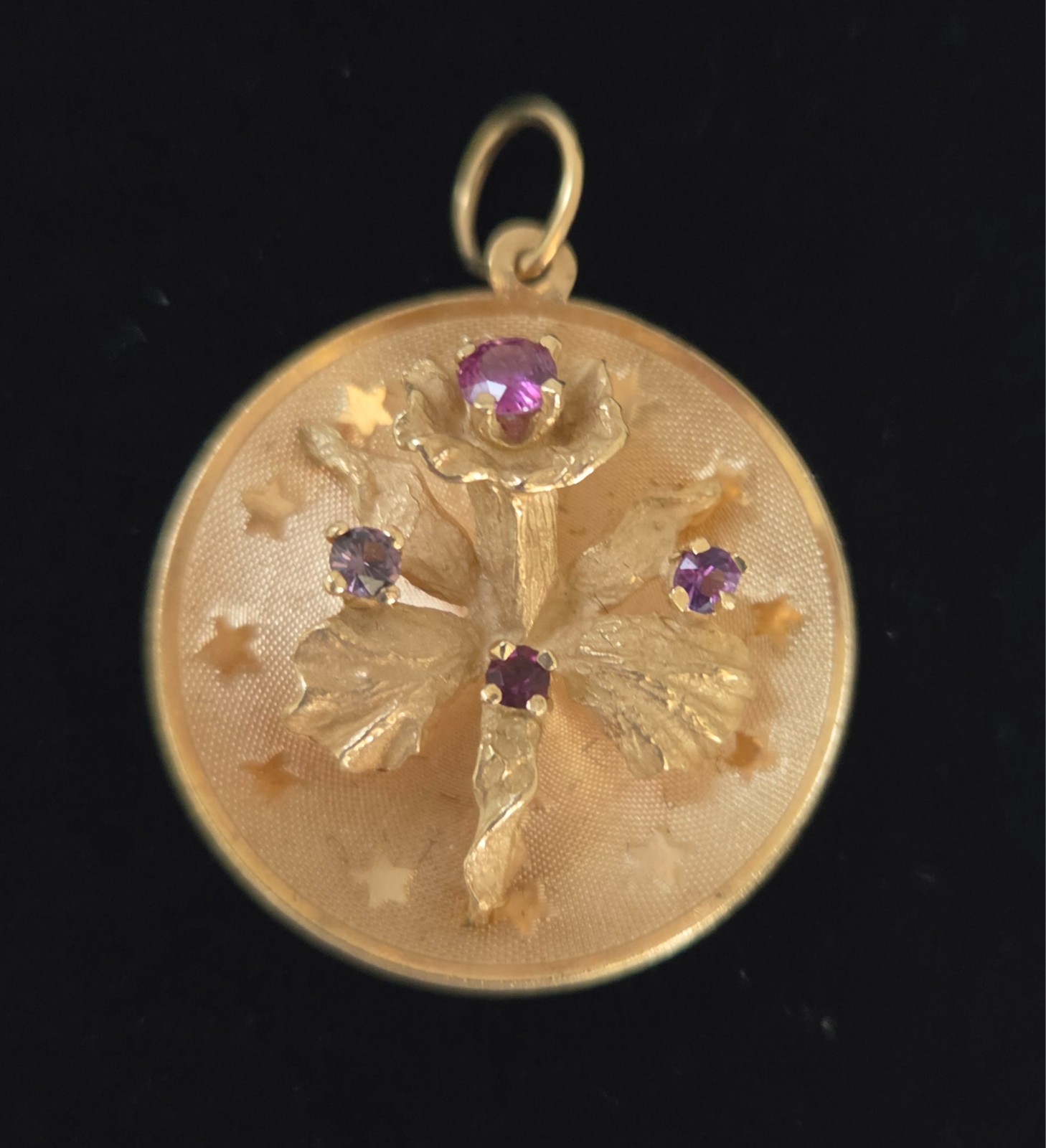 Vintage 14K 3d Orchid above a Field of Stars Pendant/Charm with Purple Stones