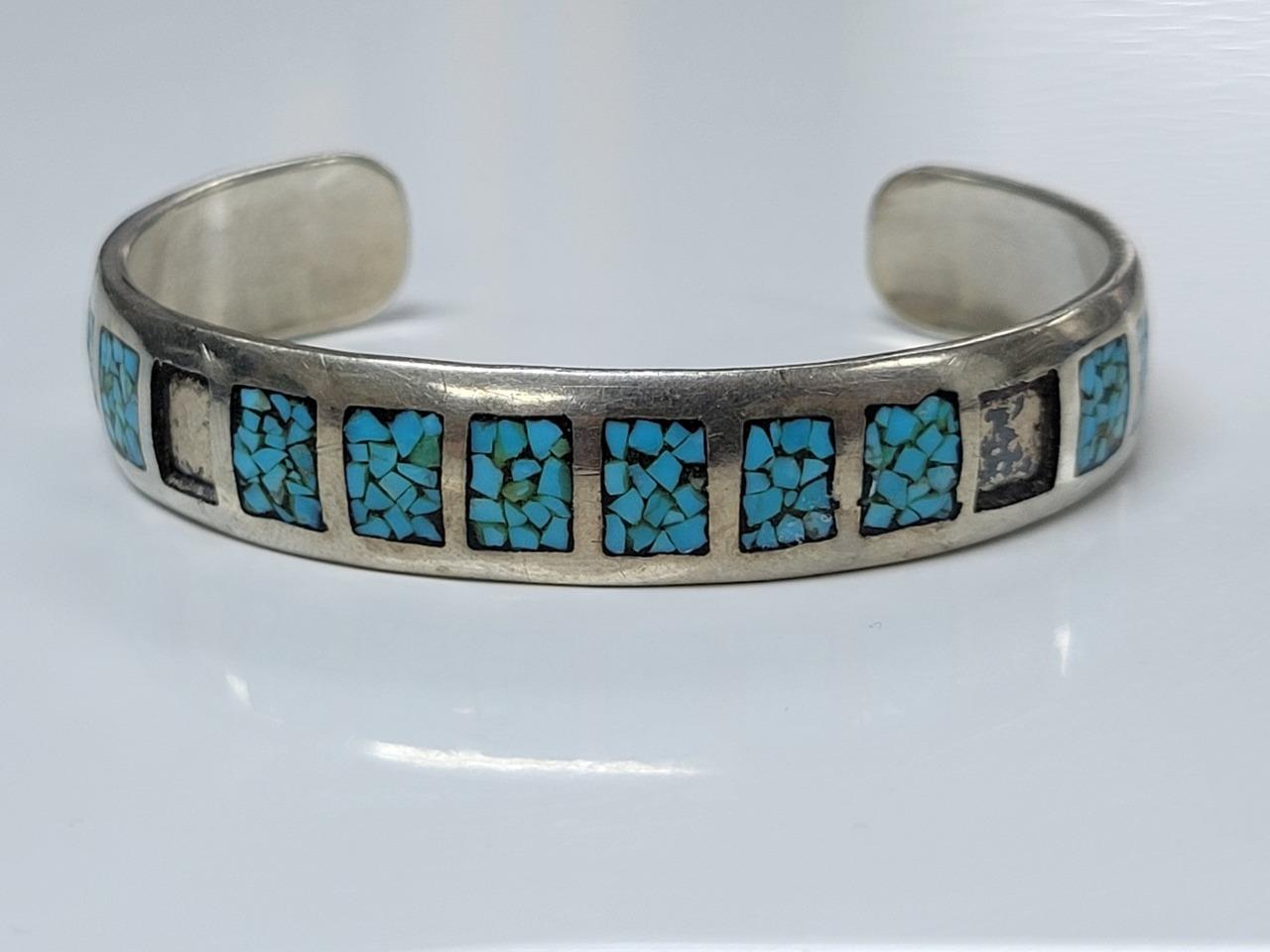 Sterling Silver Inlaid Turquoise Cuff Bracelet FOR REPAIR 5.75″ ~21.4g ~ 2-e259