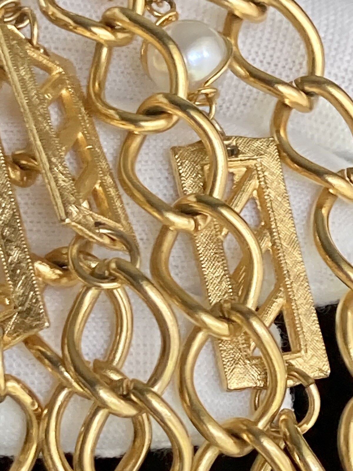 Vintage Gold Tone Bar Faux Pearl Station Oval Link Chain 52 inch Necklace 89.13g