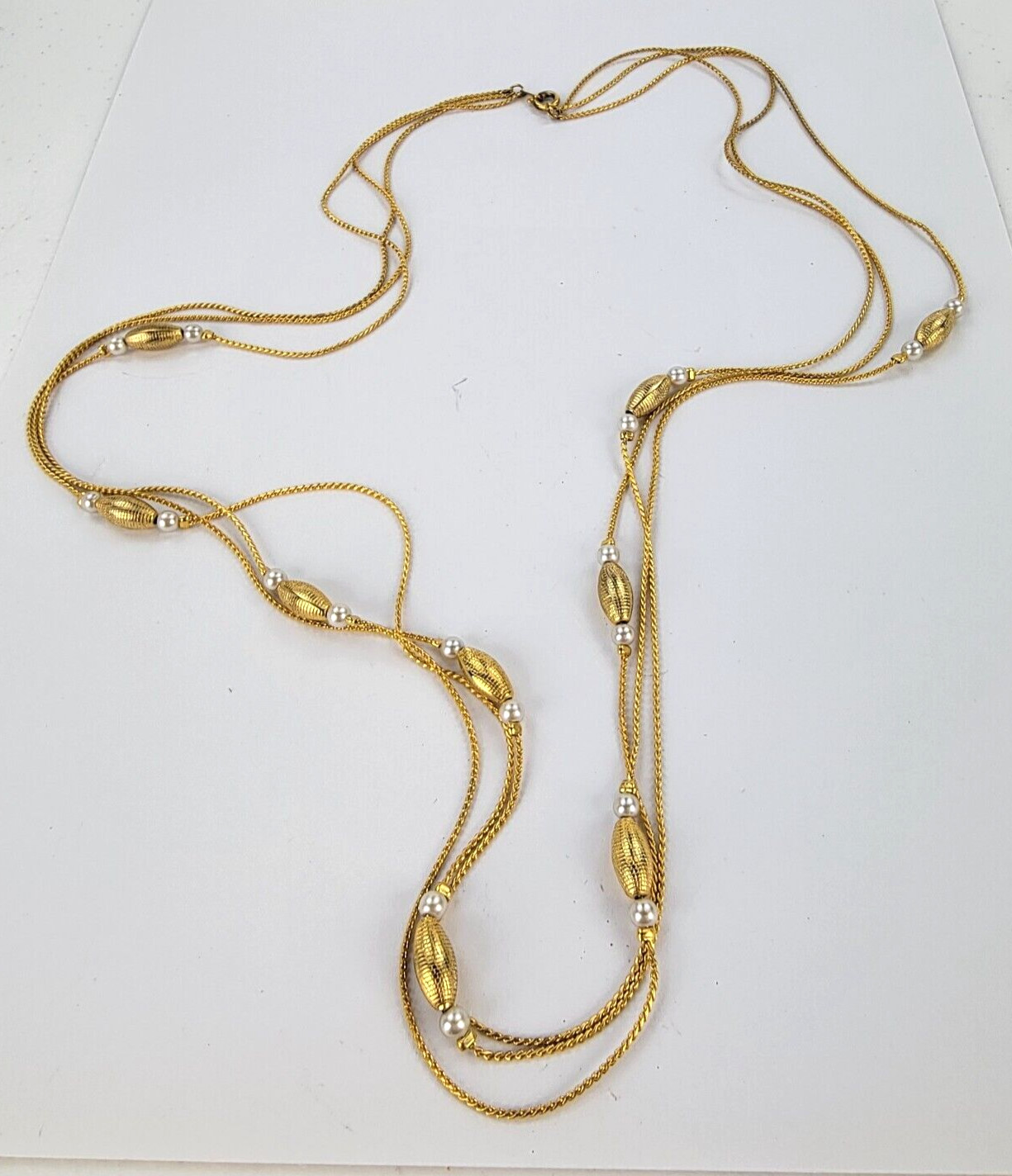 Gold -Tone Oval Bead And White Faux Pearl Charm Station Necklace 29.5 in