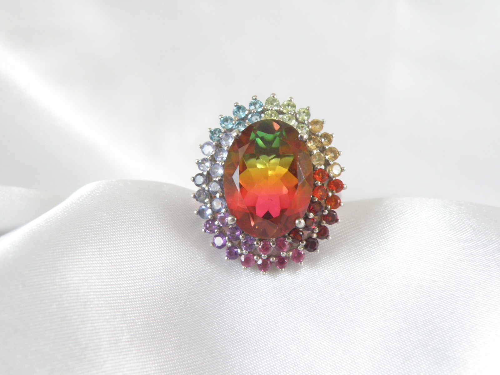 Large Sterling Silver 925 Watermelon Tourmaline Exotic Gemstone Statement Ring 8
