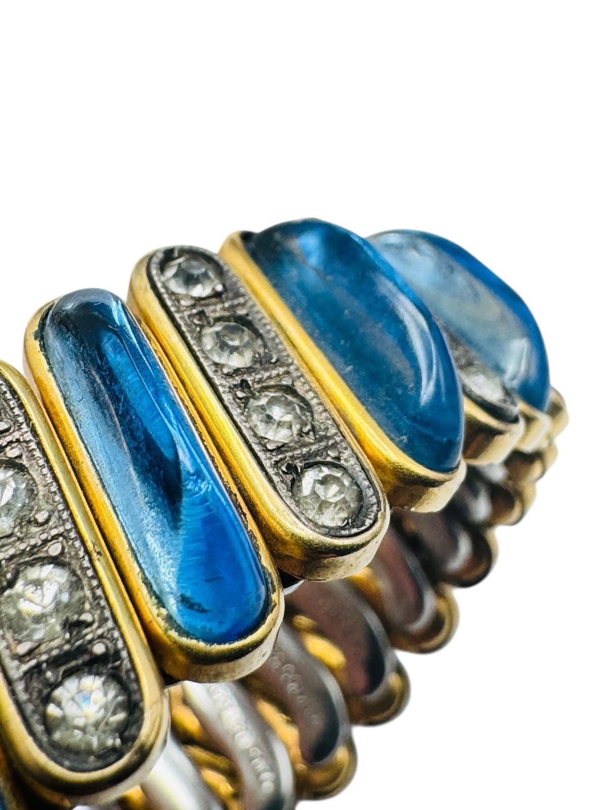 Vintage Blue Glass Cabochon Expansion Bracelet Rhinestones Nice DFB Co