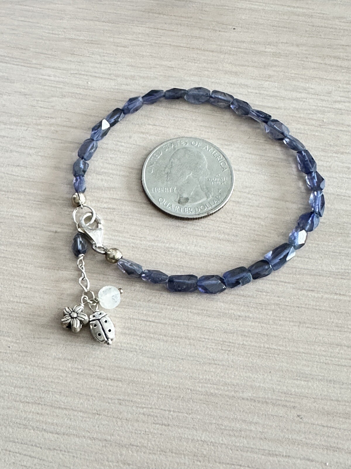 Sterling Silver Blue Iolite Beaded Bracelet 7 inch + 1 inch extender .925