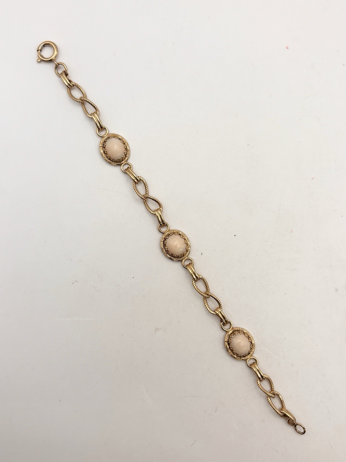 Gold Filled Angel Skin Coral Bracelet Pale Pink Cabochon Victorian Chain