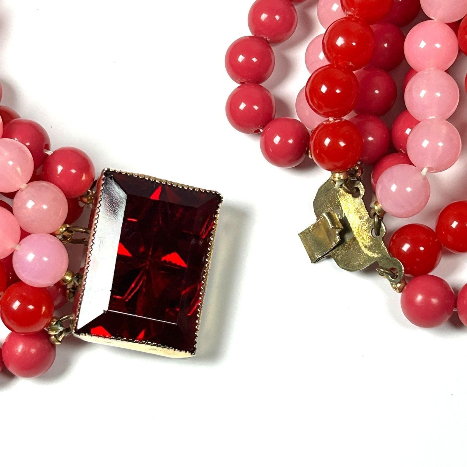 Hattie Carnegie Statement Bead Necklace Pink Red Multistrand 1950s Signed