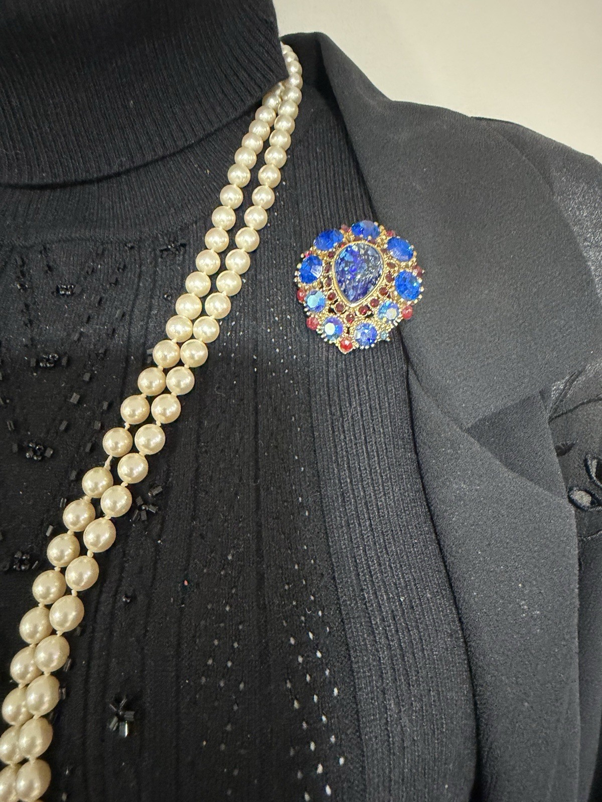 Vintage Brooch Center Teardrop Colbalt Blue AB Rhinestone Ruby Red Accent Stones