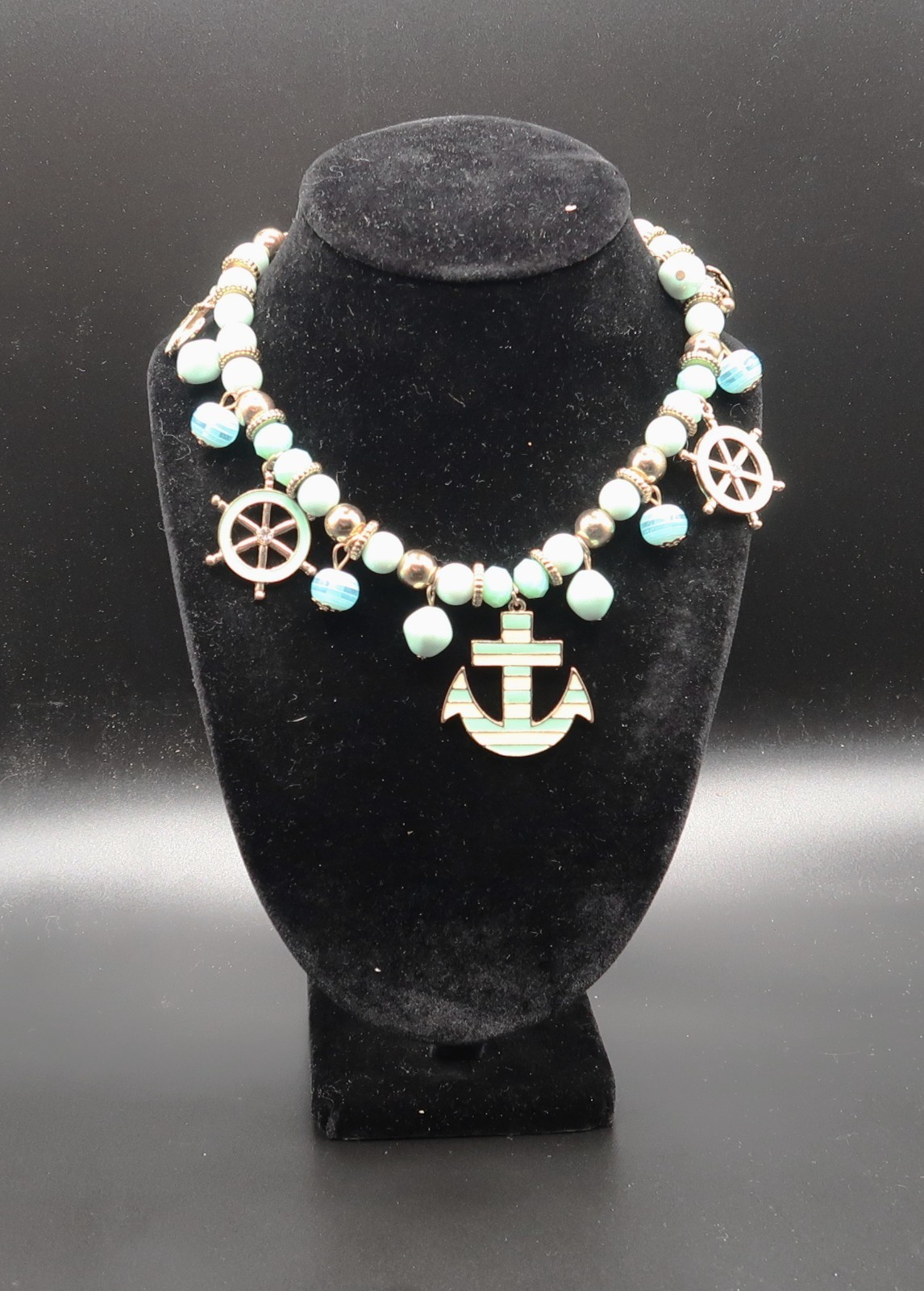 Vtg Nautical Beaded Charm Station Necklace Anchor Ship Wheel Teal & White Enamel
