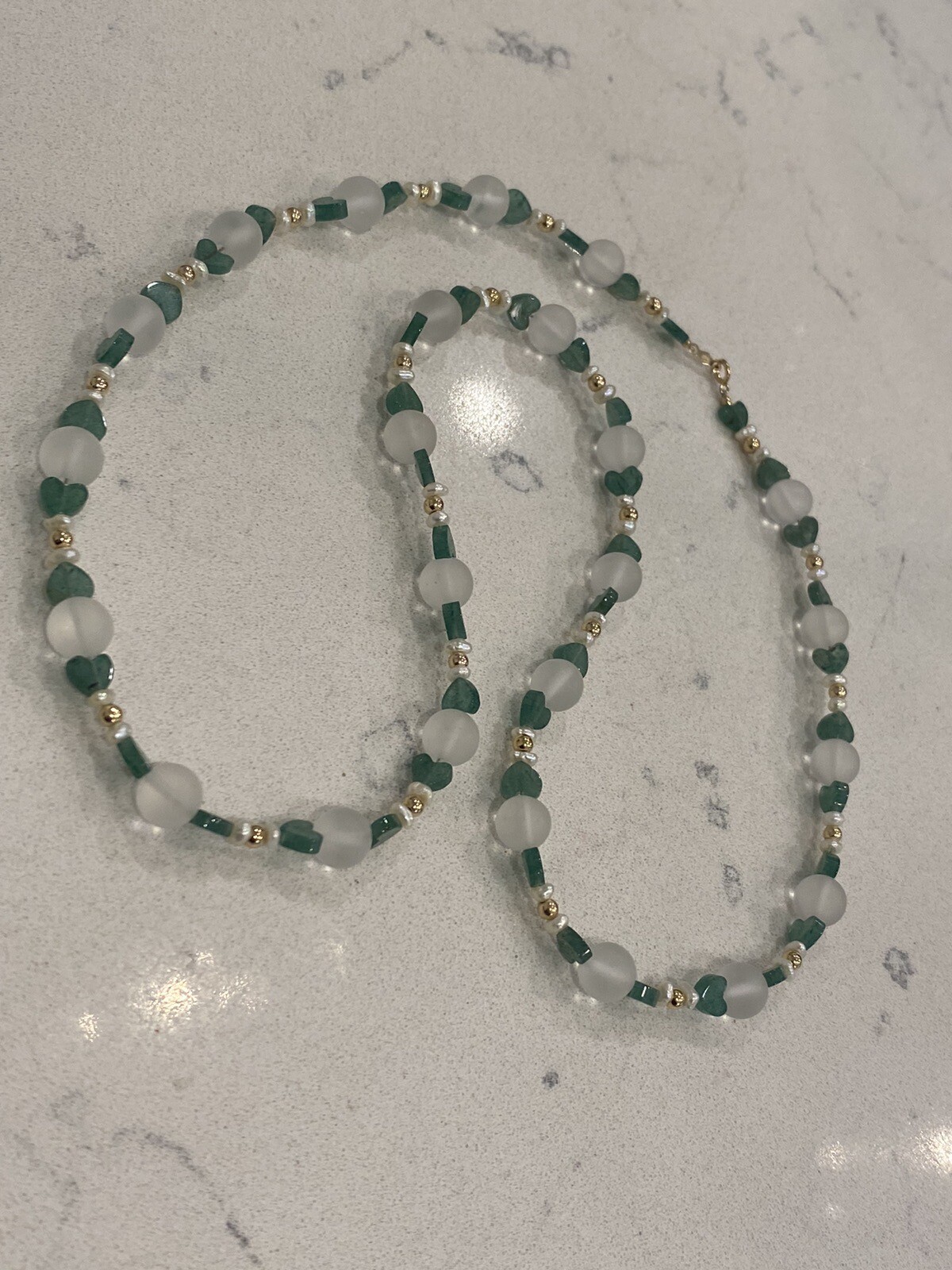 14K Gold, Emerald Hearts, Clear Round Quartz, Pearls & Gold Beads Clasp Necklace