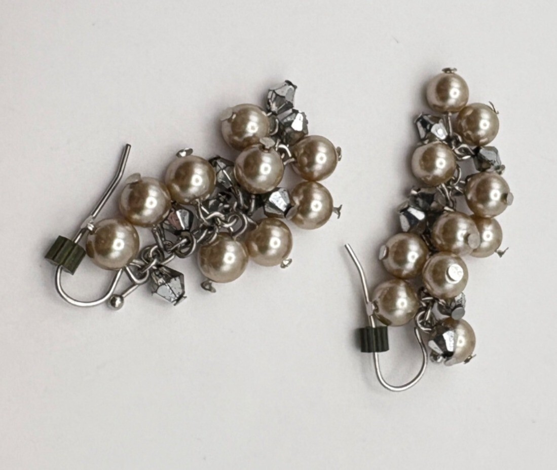 Vintage Faux Pearl Cluster Dangle Earrings Silver Tone Chain Accents
