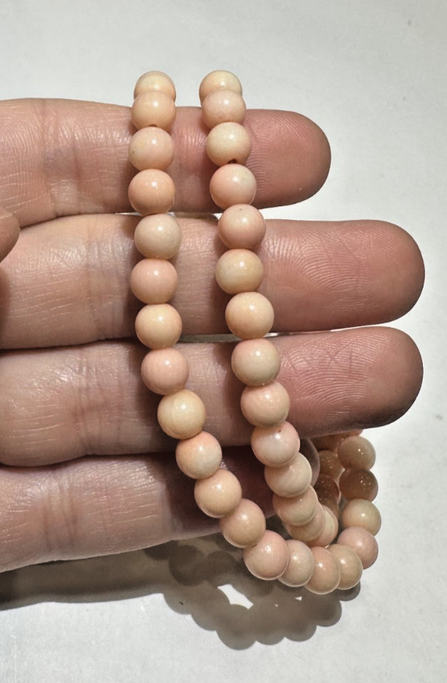 Vintage Dainty 6mm Carved Angel Skin Pink Coral Beads 17.5″ Choker 25g Necklace