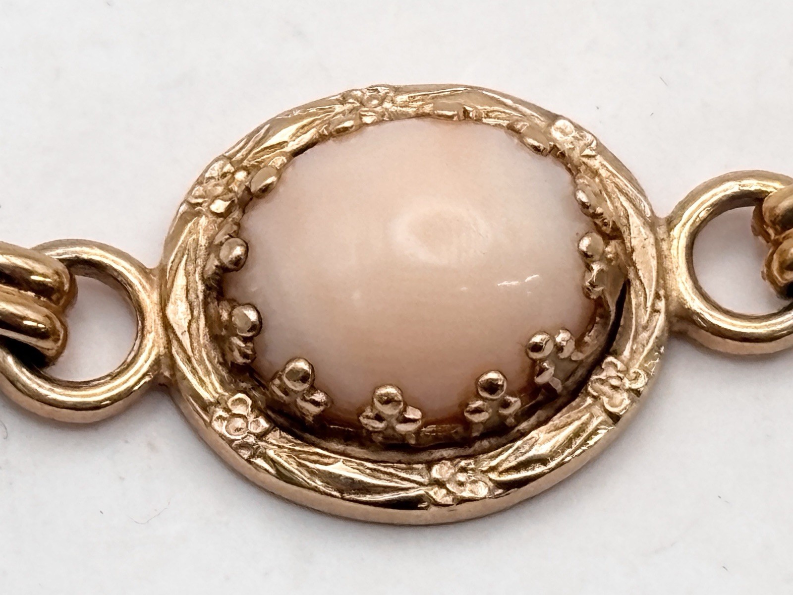 Gold Filled Angel Skin Coral Bracelet Pale Pink Cabochon Victorian Chain