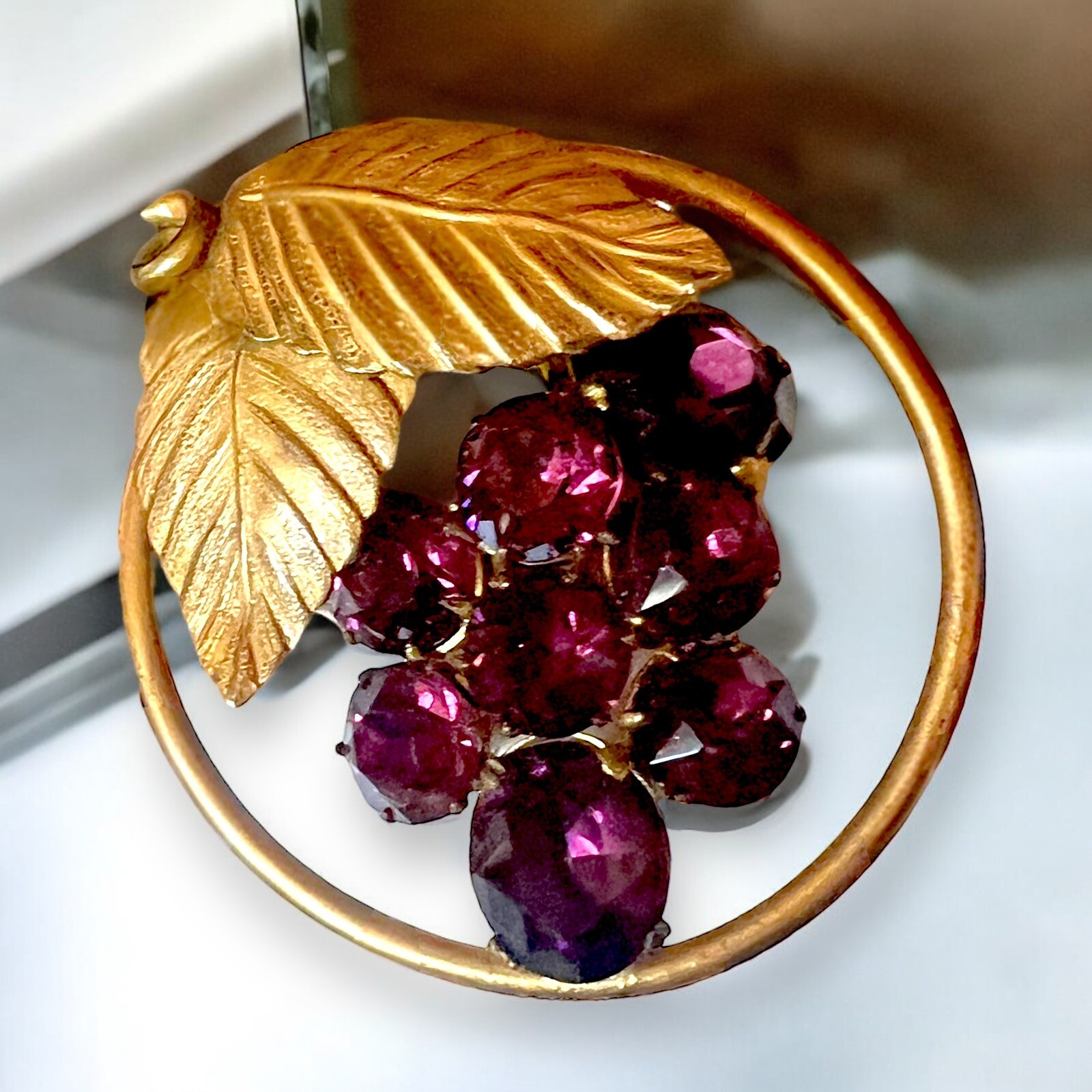 Purple Rhinestone Brooch Gold Tone Grape Cluster Vintage Fruit Pin