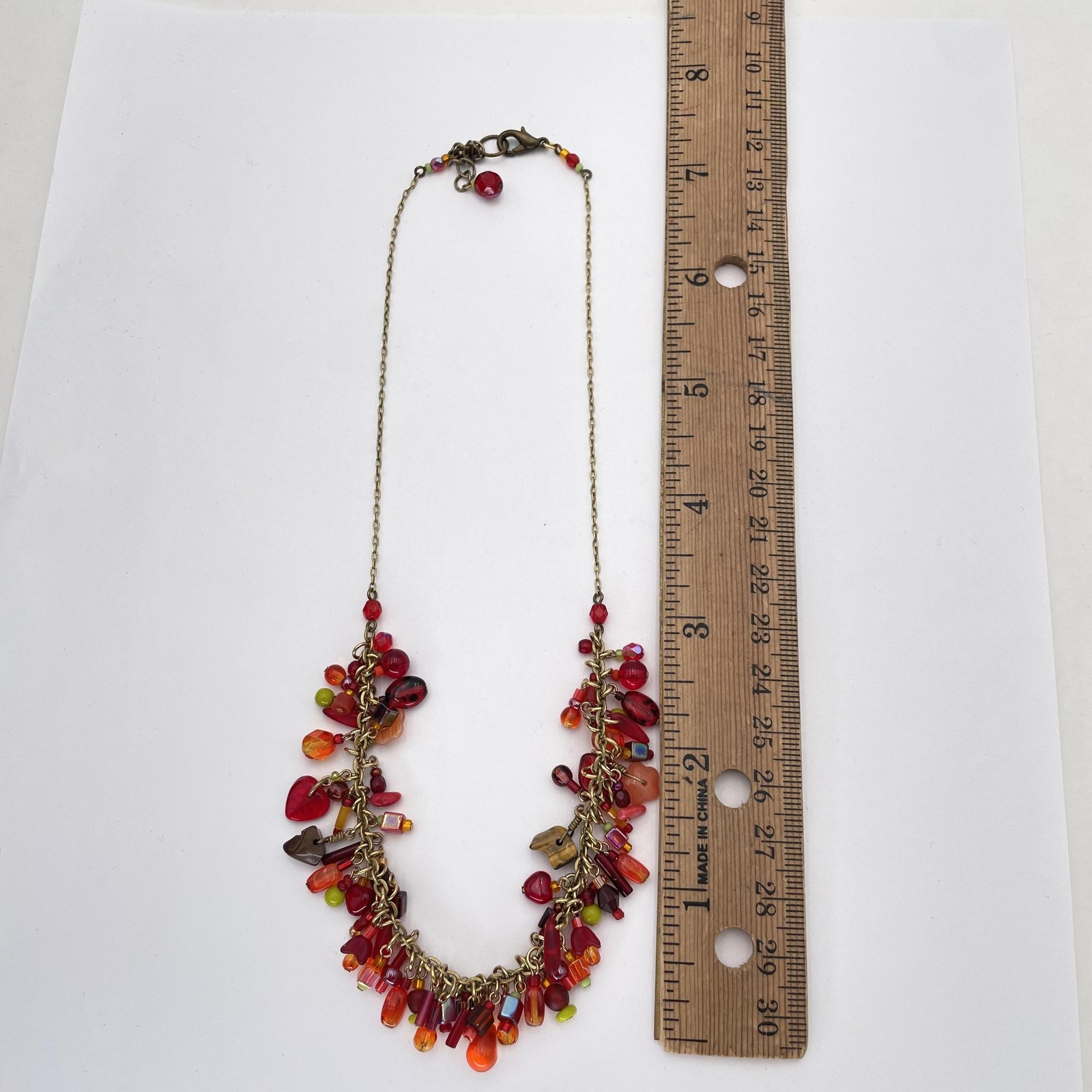 Red Multicolor Beaded Statement Bib Necklace Brass Chain Boho Jewelry