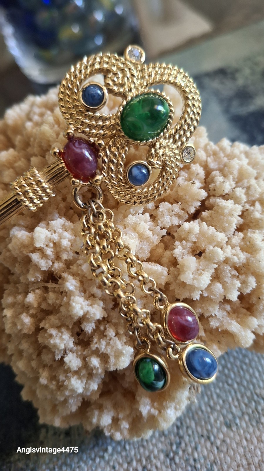 Trifari Jewels of India Key Brooch Green Red Blue Gripoix Cabochon Gold Key Pin