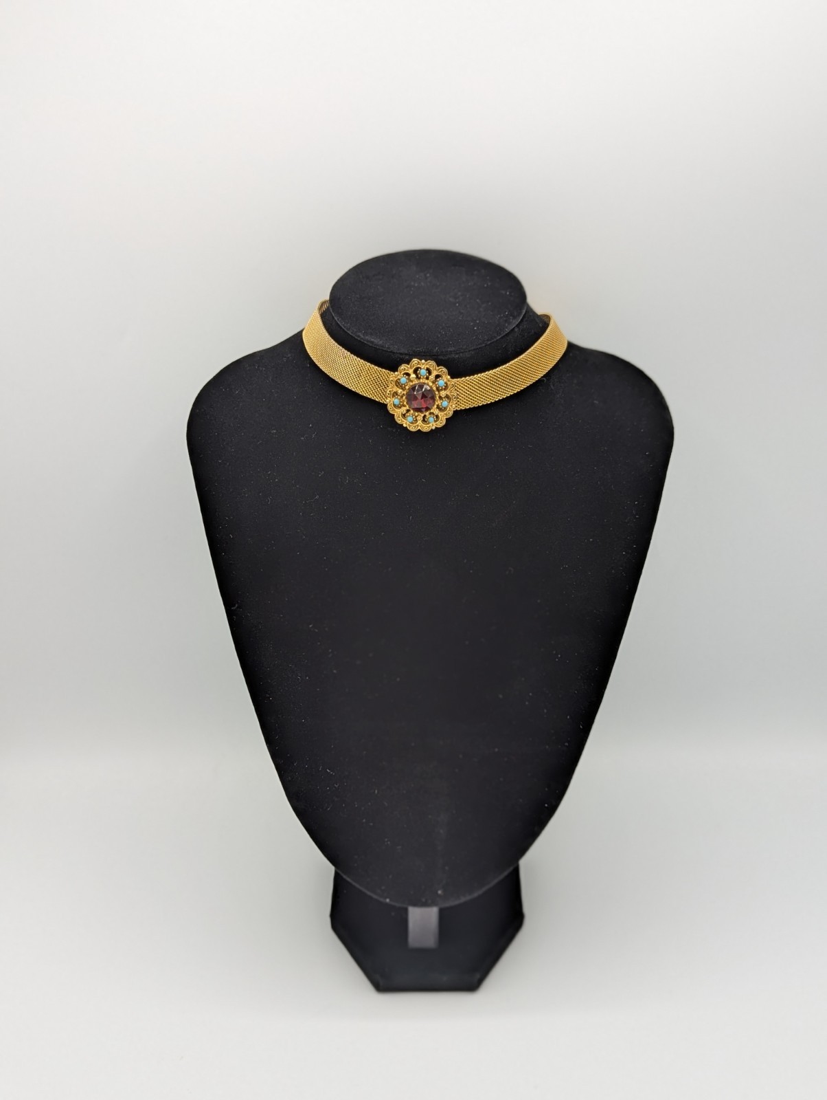 Vintage FLORENZA Mesh Choker Necklace Gold Tone Red turquoise Victorian Revival