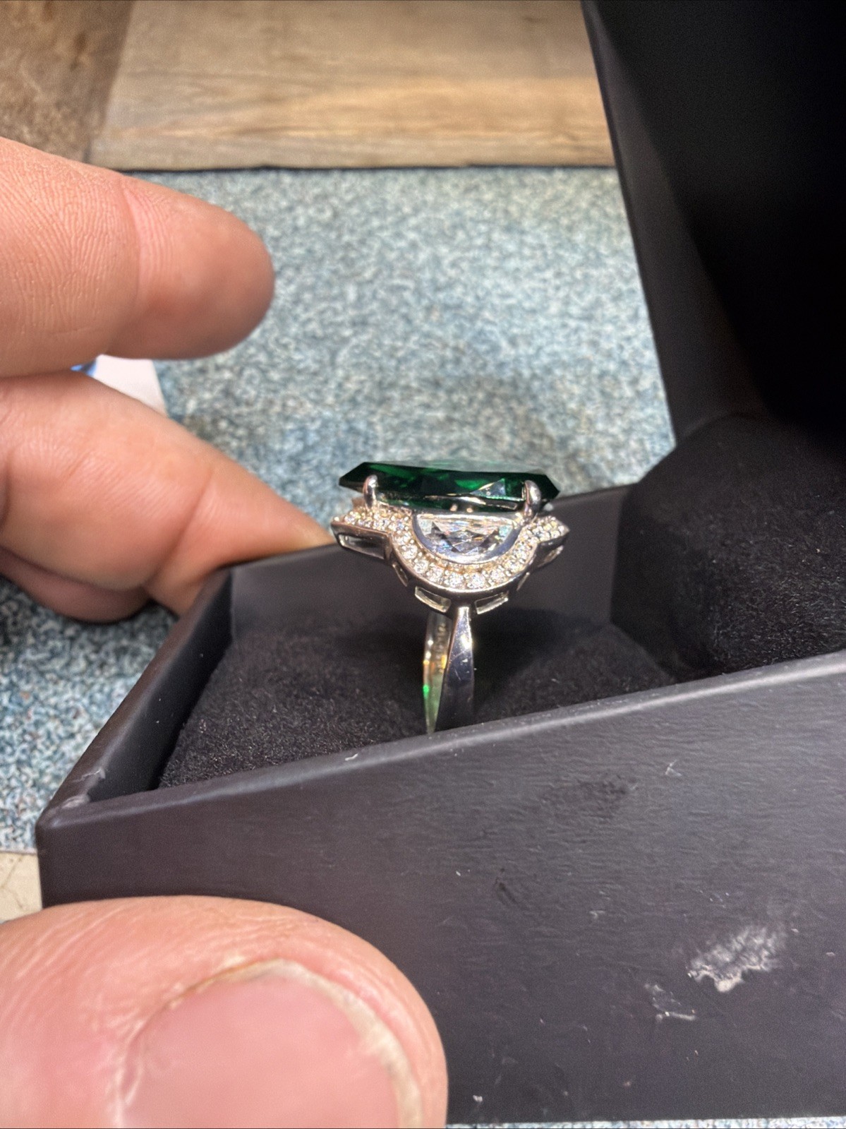Daniel K Designer Sterling Silver 925 Pear-Cut Green Stone & Half-Moon Ring