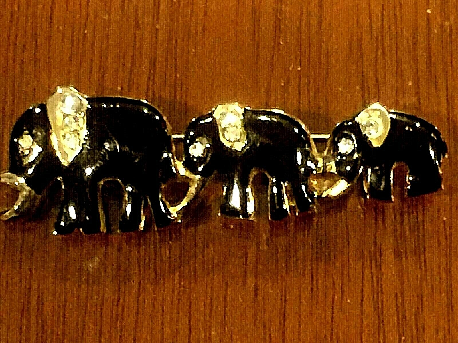 MARKED FASE OF LADY BROOCH PIN 3 ELEPHANT w/BLACK ENAMEL RINE STONES GOLDFILLED