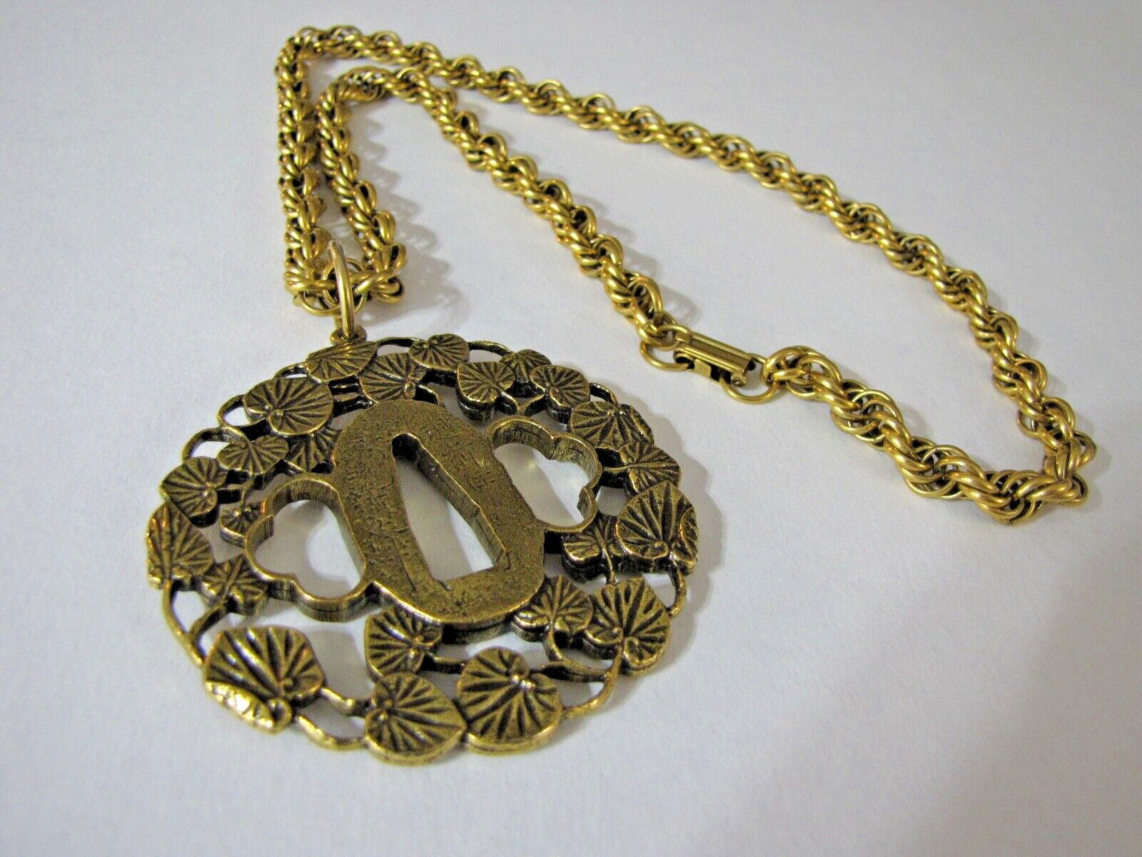 Vintage Alva Museum Replica Hollyhock Tsuba Pendant 30″ Rope Chain Signed Huge