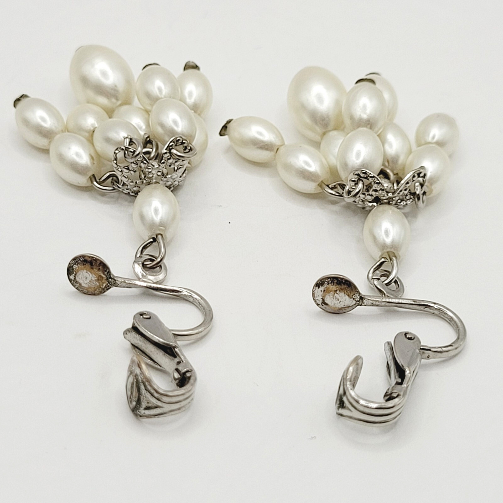 Faux Pearl Drop Dangle Cluster Silver Tone Clip On Fancy Vtg Costume Earrings