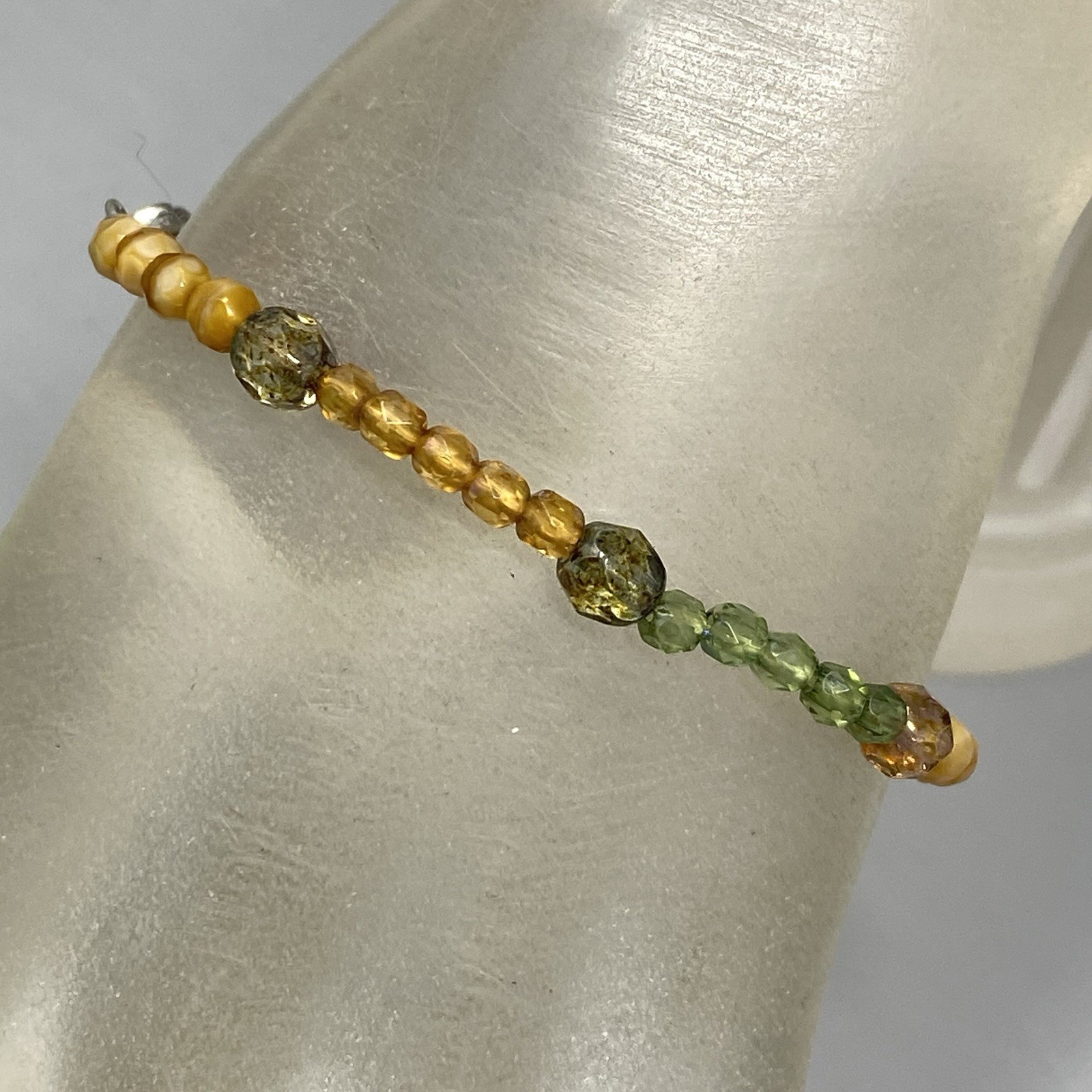 Glass Bead Bracelet Mini Green Orange Marble Faceted Fire Polished Coated 7″