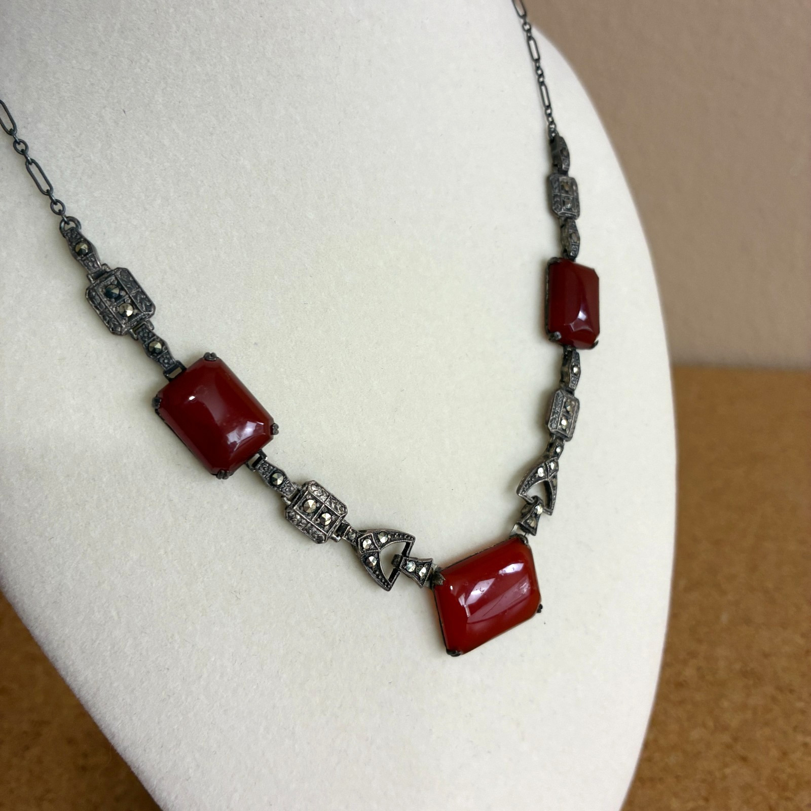 Antique Art Deco Carnelian Glass Sterling Silver & Rhinestones Necklace 16″