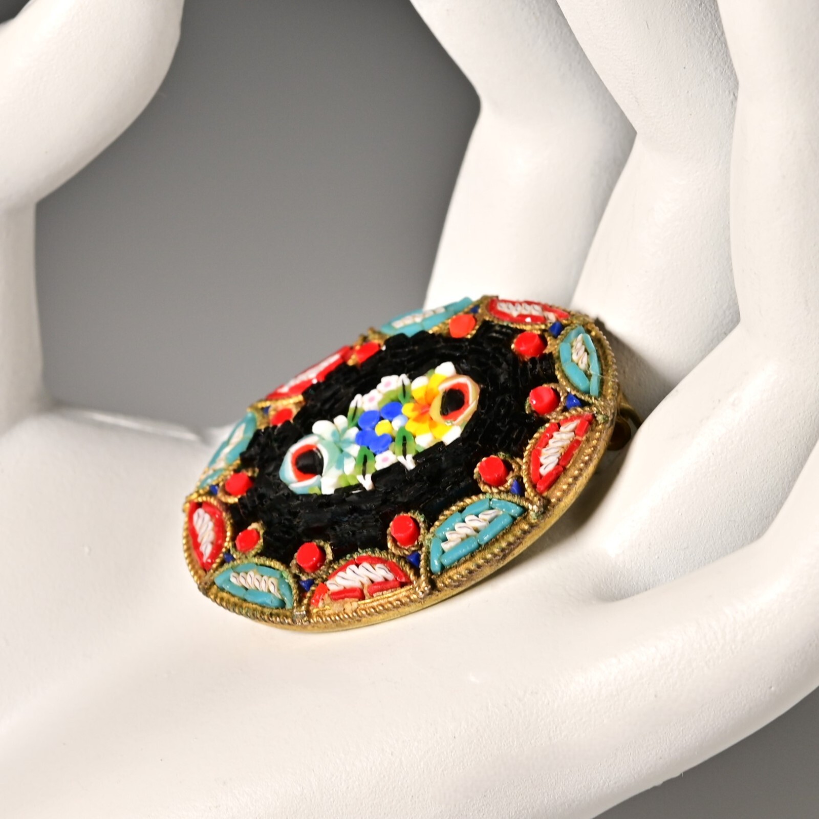 Antique Original Vintage Murano Glass Micro Mosaic Venetian Estate Brooch Pin
