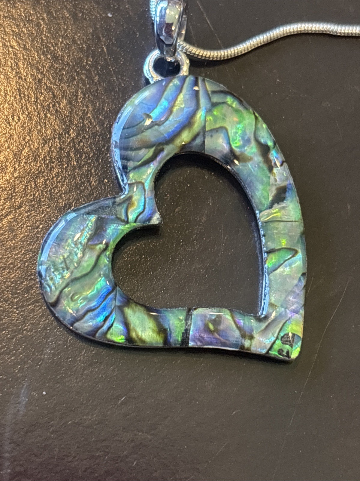 Sterling Silver Chain Abalone Shell Heart Pendant Necklace Paua 24”