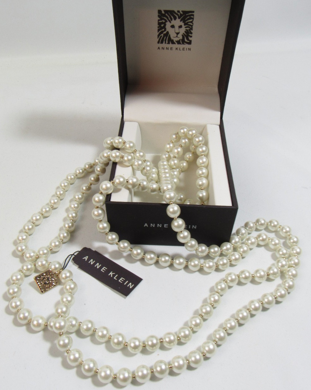 ANNE KLEIN Off White Faux Pearl And Gold Bead Necklace Lion Tag 60″