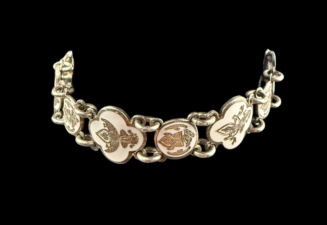 Vintage Sterling Silver Siam Dancers And Elephant Link Bracelet 7.25 in