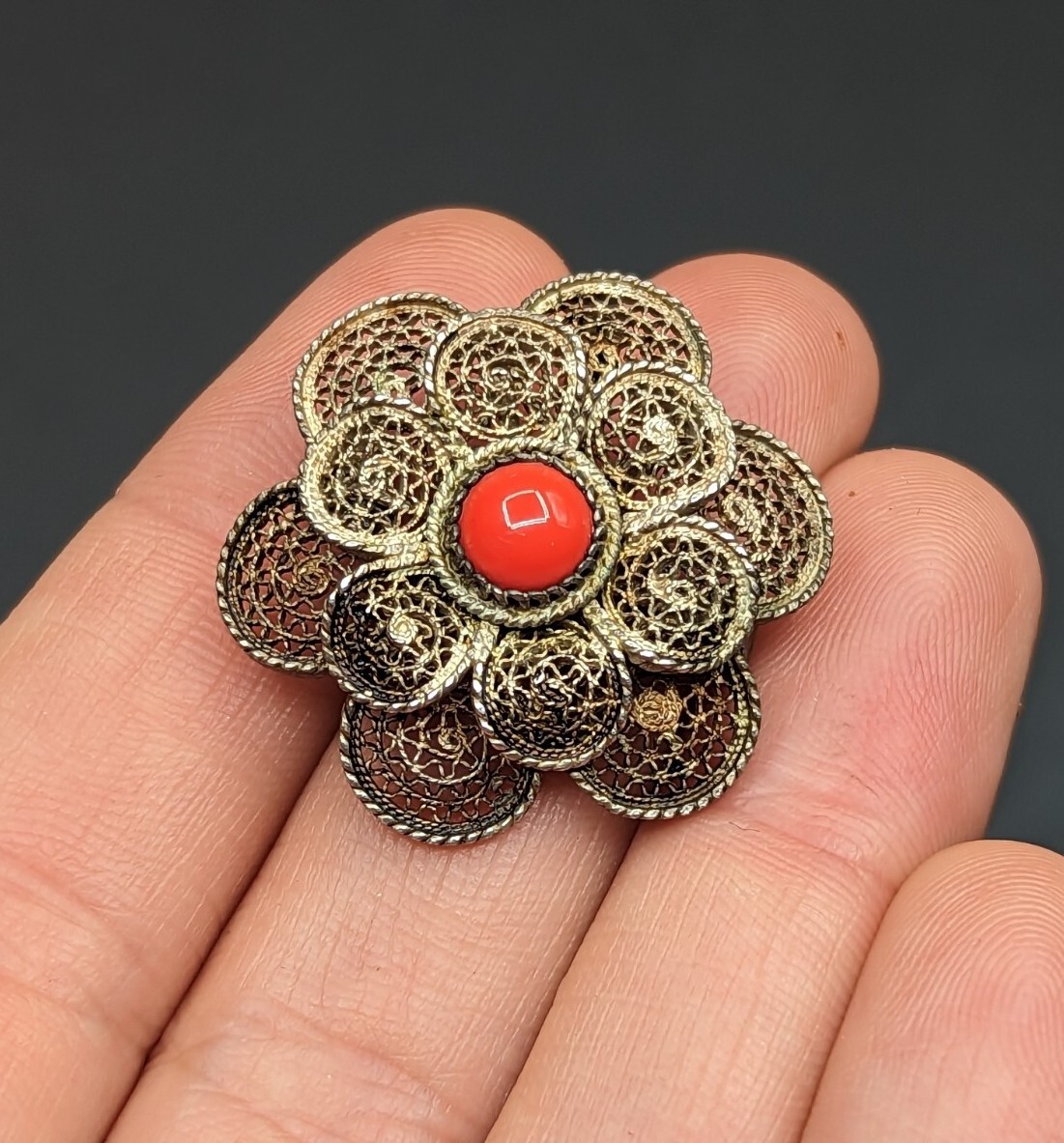 Vtg Sterling Silver Cannetille Filigree Flower Red Brooch Pin Pendant C-Clasp