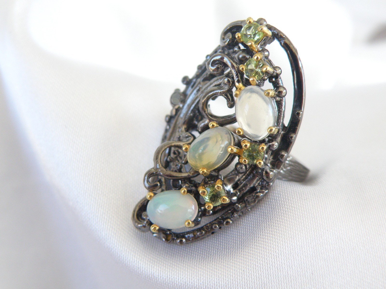 Brutalist Sterling Silver 925 Ethiopian Opal Peridot Modernist Ring Size 8