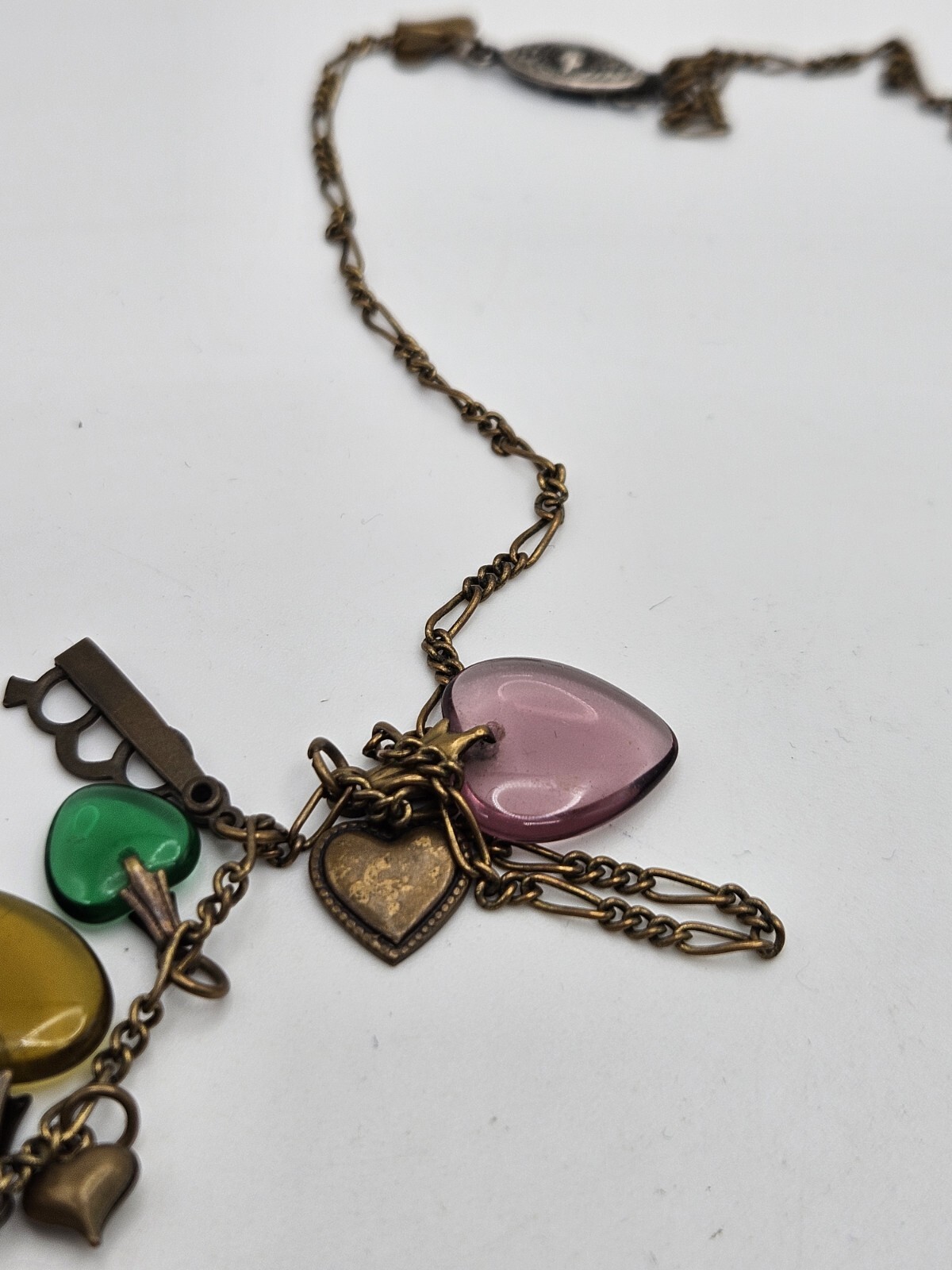 Glass Works Studio Brass Tone Multicolor Glass Dangle Hearts Charm Necklace