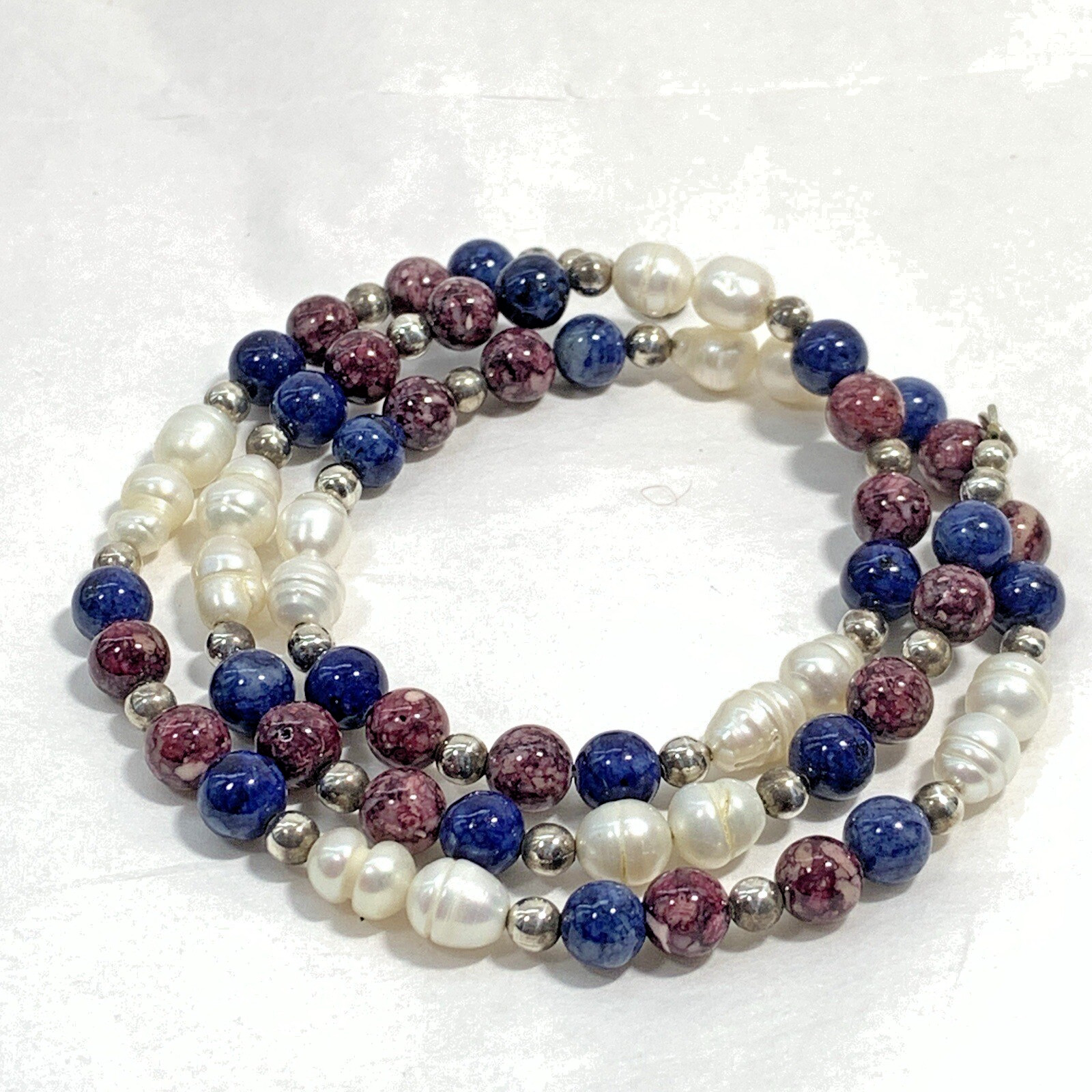 Vintage 925 Sterling Silver Freshwater Pearl Stone Bead Necklace Purple Blue 20″