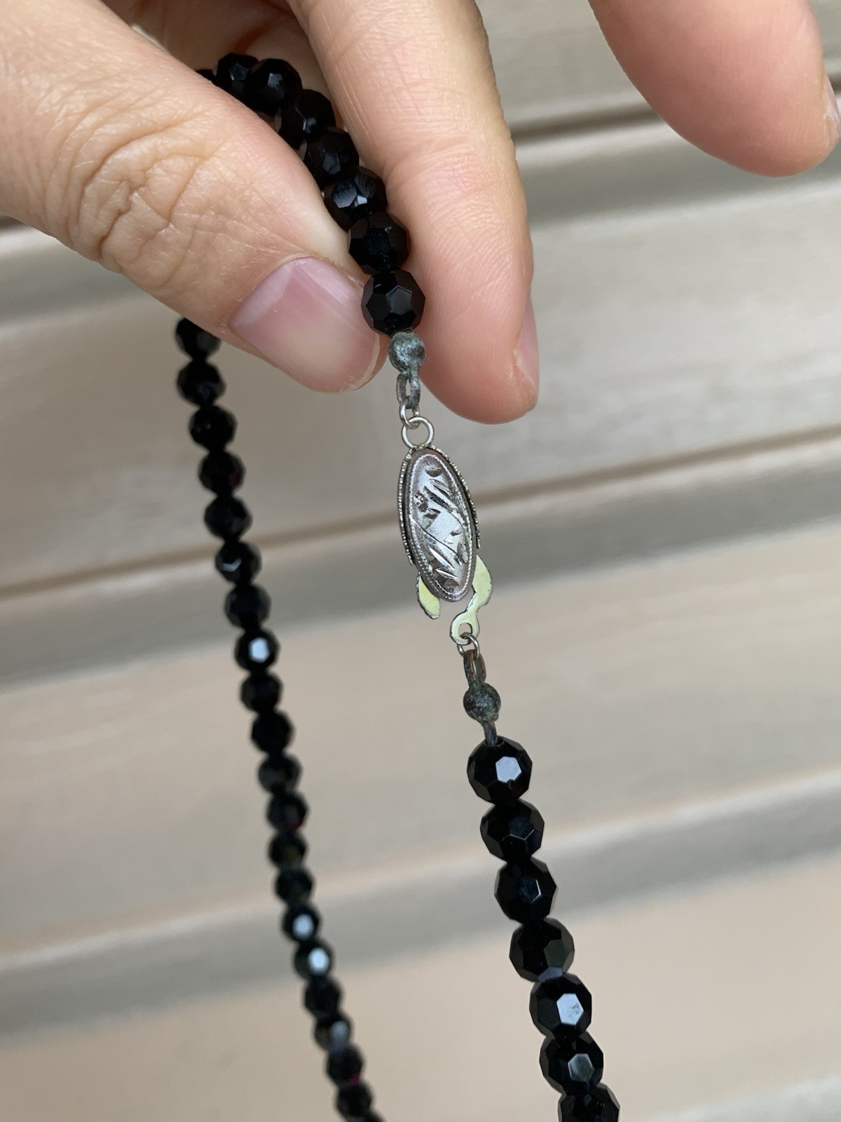 Black onyx beaded necklace silver 6.5mm / 17.5”