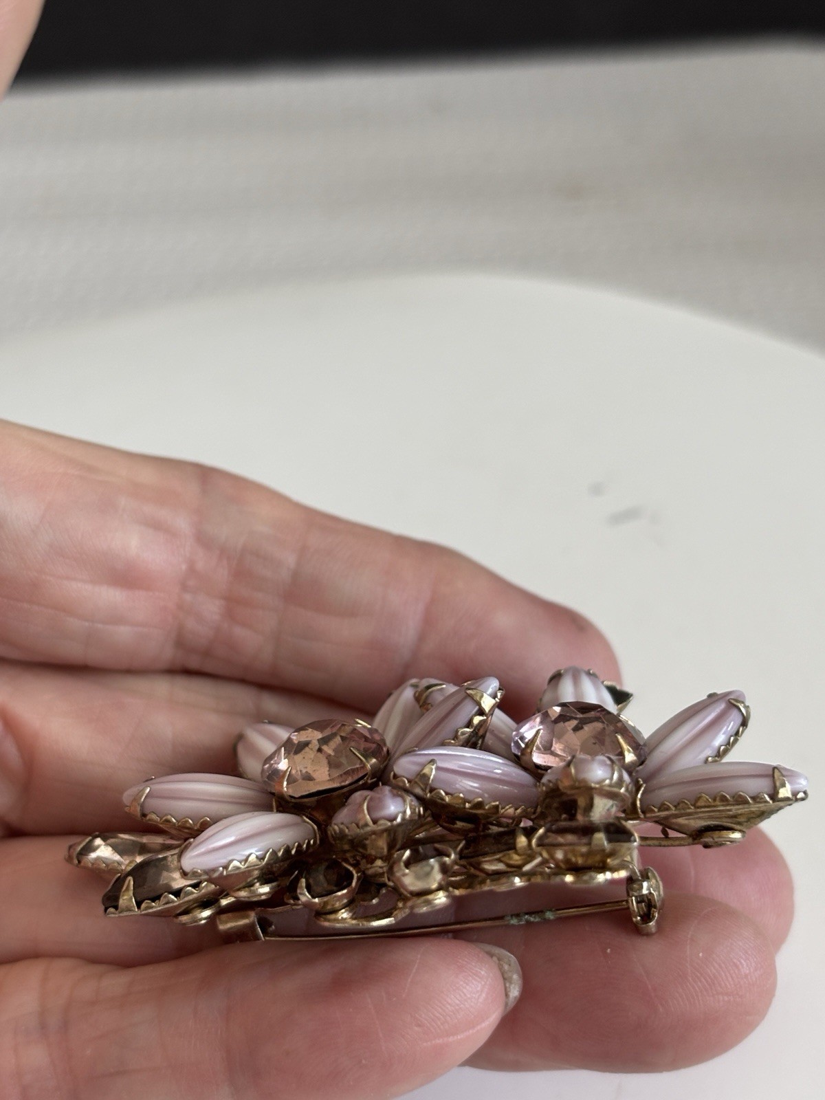 Vintage Purple Layered Flower Brooch Molded Lucite Petals Glass Rhinestones