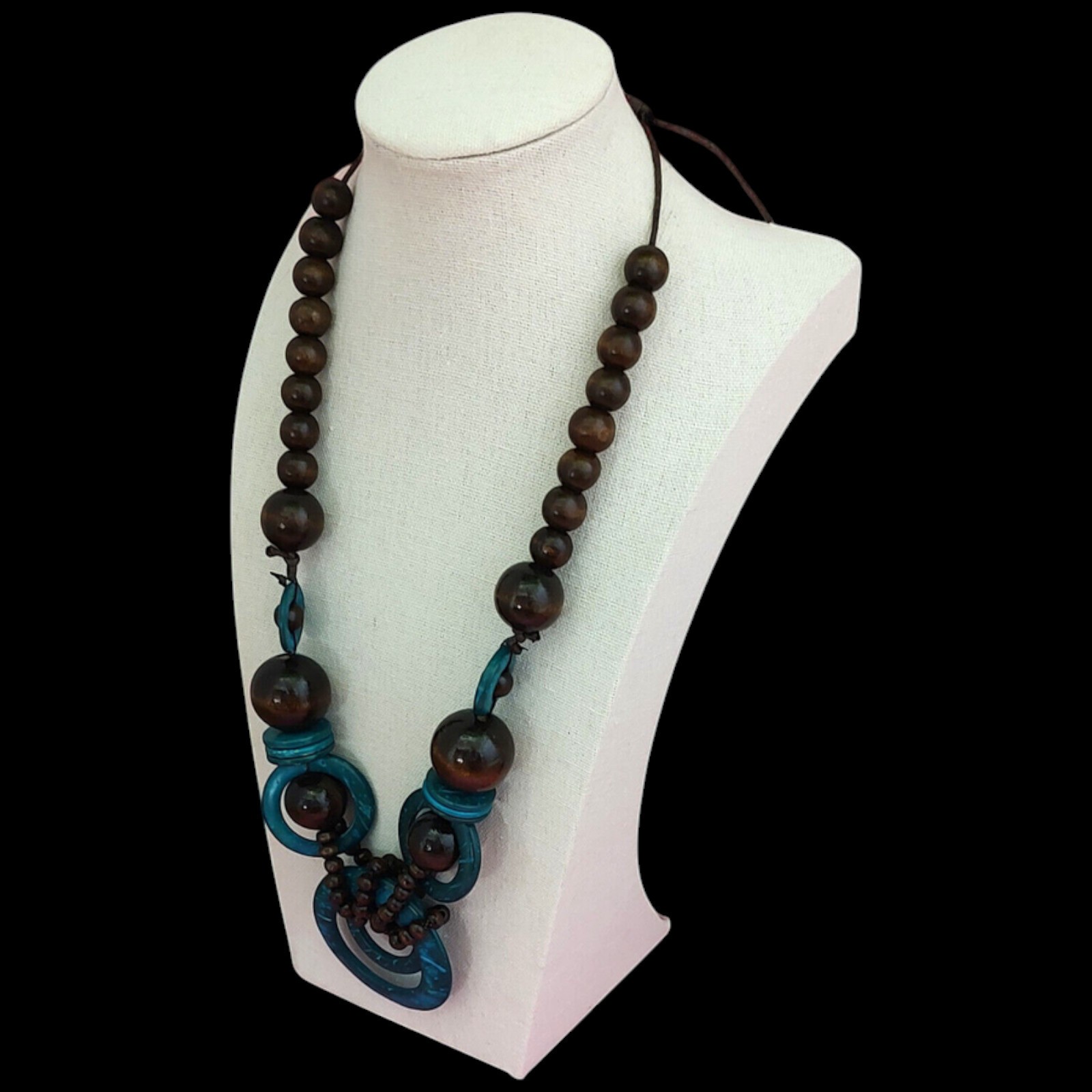 VTG Long Chunky Boho Natural Teal Beaded Bohemian Earthy Statement Necklace 19″